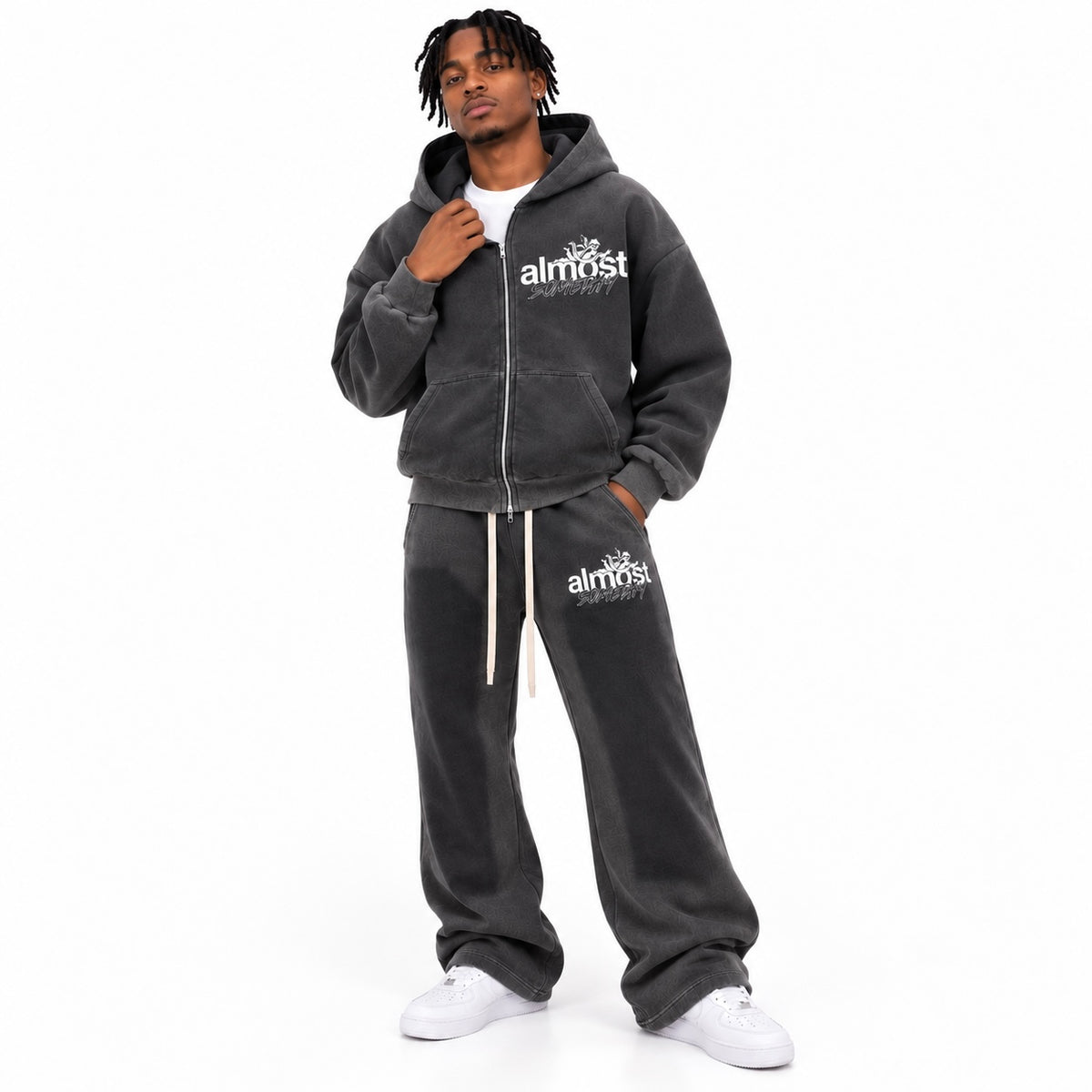 Almost Someday Enemies Zip Hoodie & Flare Pants Set (Black)