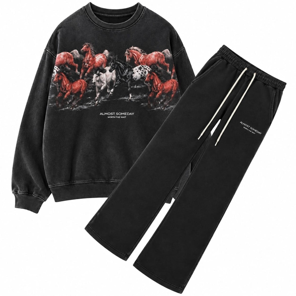 Almost Someday Smoke Crewneck & Flare Pants Set (Black)