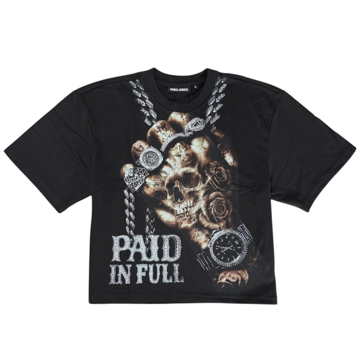 Rebel Minds Paid In Full Rhinestone French Terry Crop Tee (Black) 610-11140