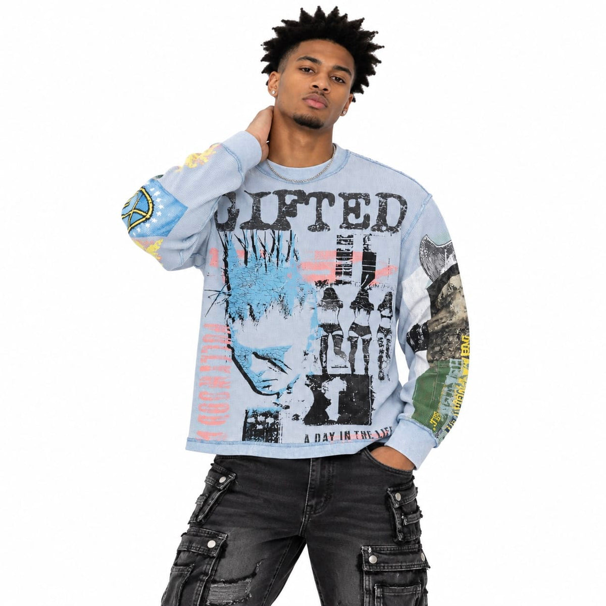 GFTD La Riots In America Crewneck Long Sleeve Tee (America Blue)