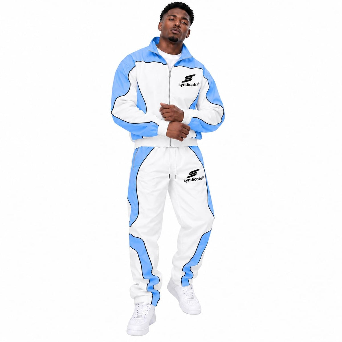 The Syndicate Nylon 3 Zip Up Track Jacket & Pants Set (Baby Blue/White)