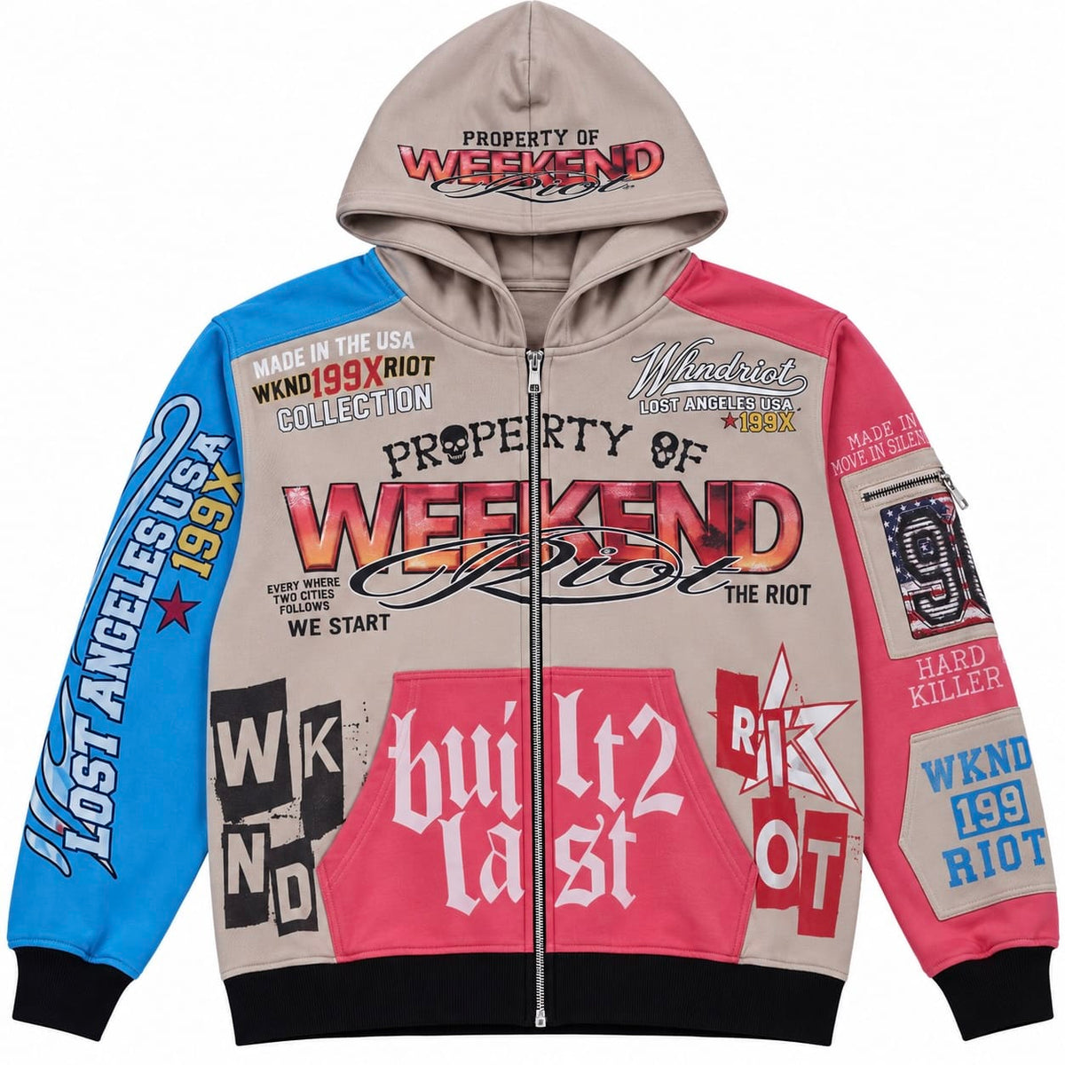 Wknd Riot Built 2 Last Zip Up Hoodie (Cream/Multi)