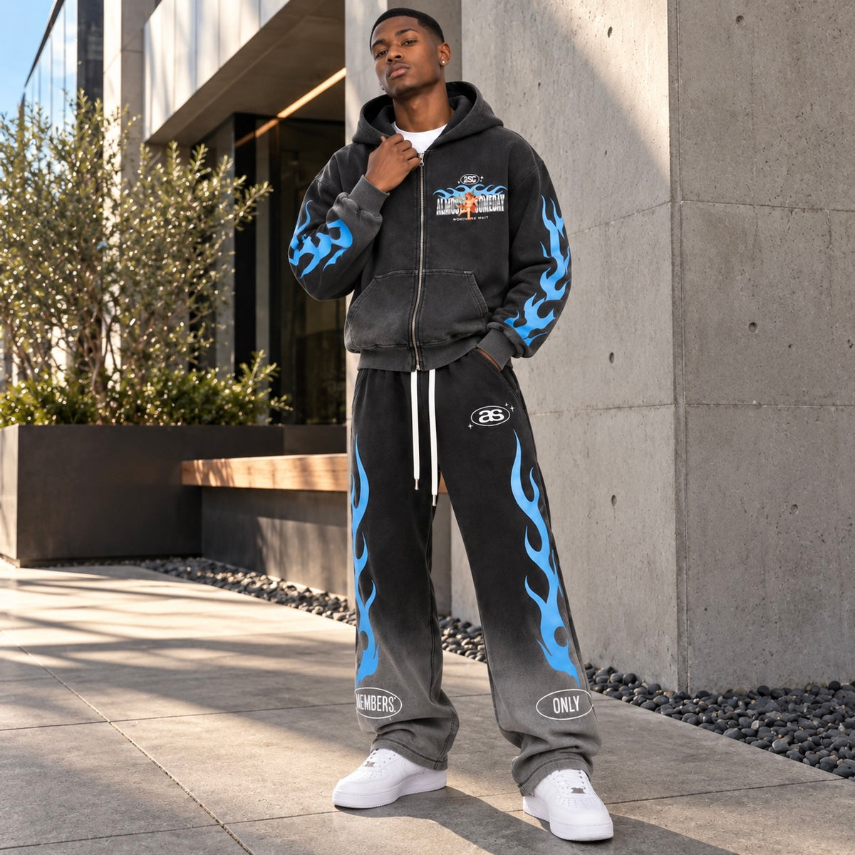Almost Someday Members Zip Hoodie & Flare Sweatpants Set (Black)