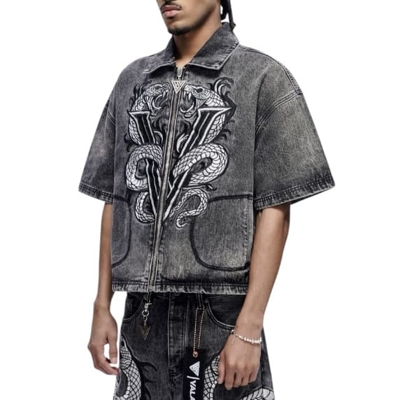 Valabasas Frostscale Denim Short Sleeve Zip Up (Grey Wash) VLBS-VBD1-1027