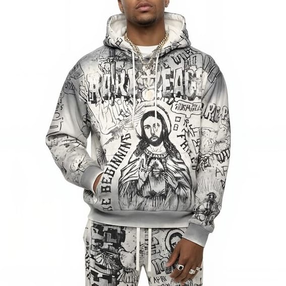 Rare Peace Washed Aop Pullover W/ Rhinestones Hoodie (Ecru) RK6109