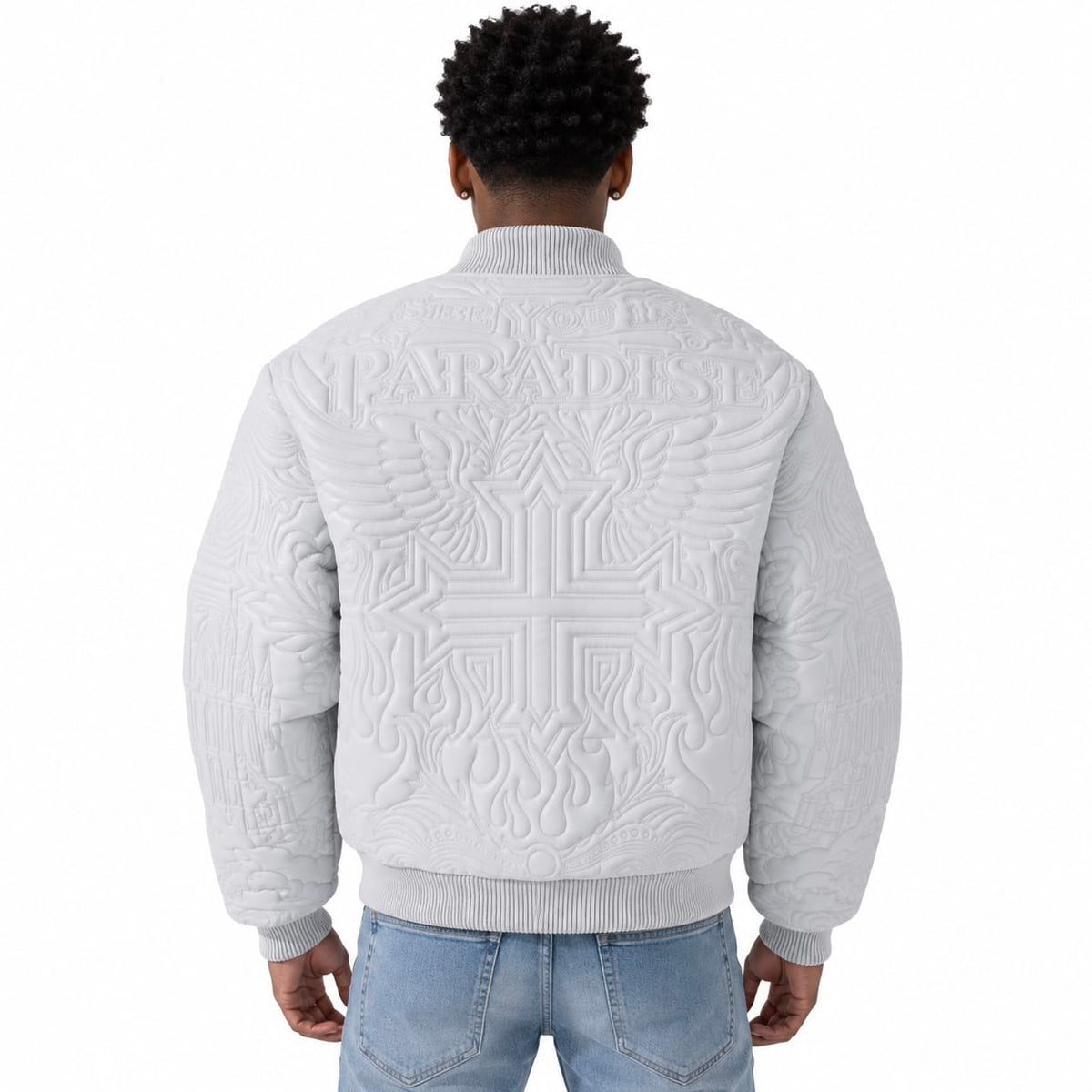 See You In Paradise Flaming Cross Stitched Bomber Jacket (L/Grey) 91685