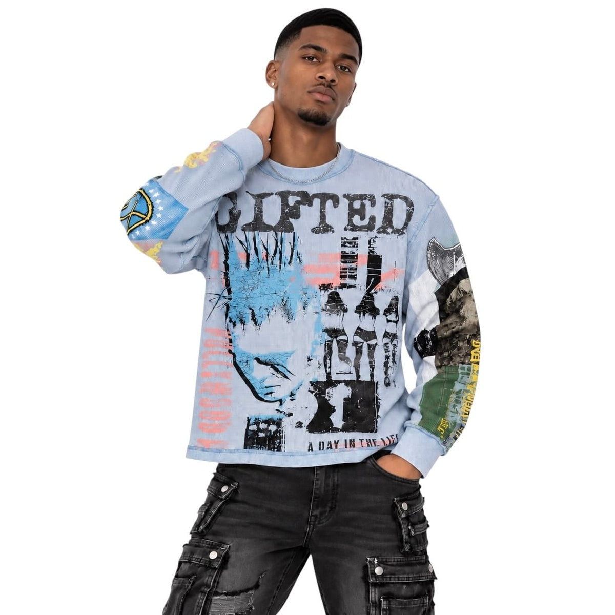 GFTD La Riots In America Crewneck Long Sleeve Tee (America Blue)