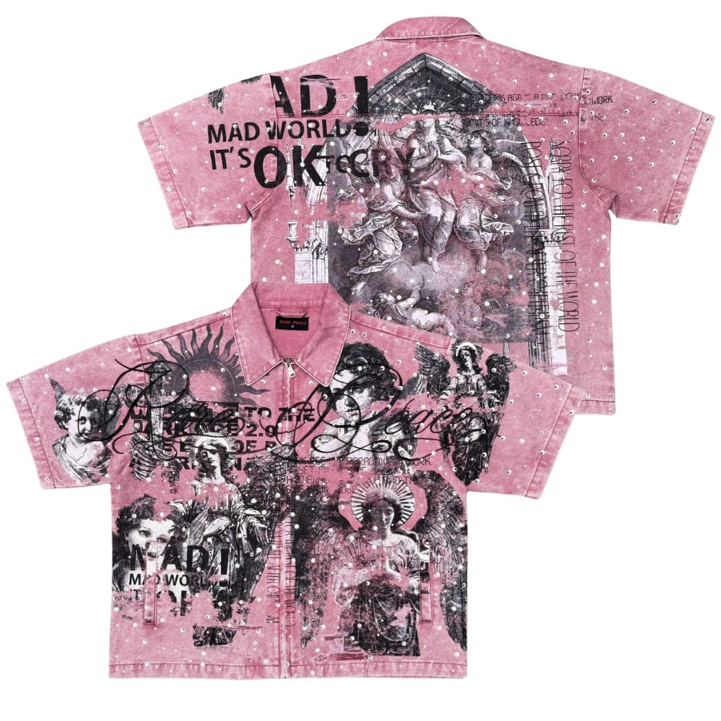 Rare Peace All Over Angel Print Twill Zip Down Shirt (Dusty Pink) RJ6062