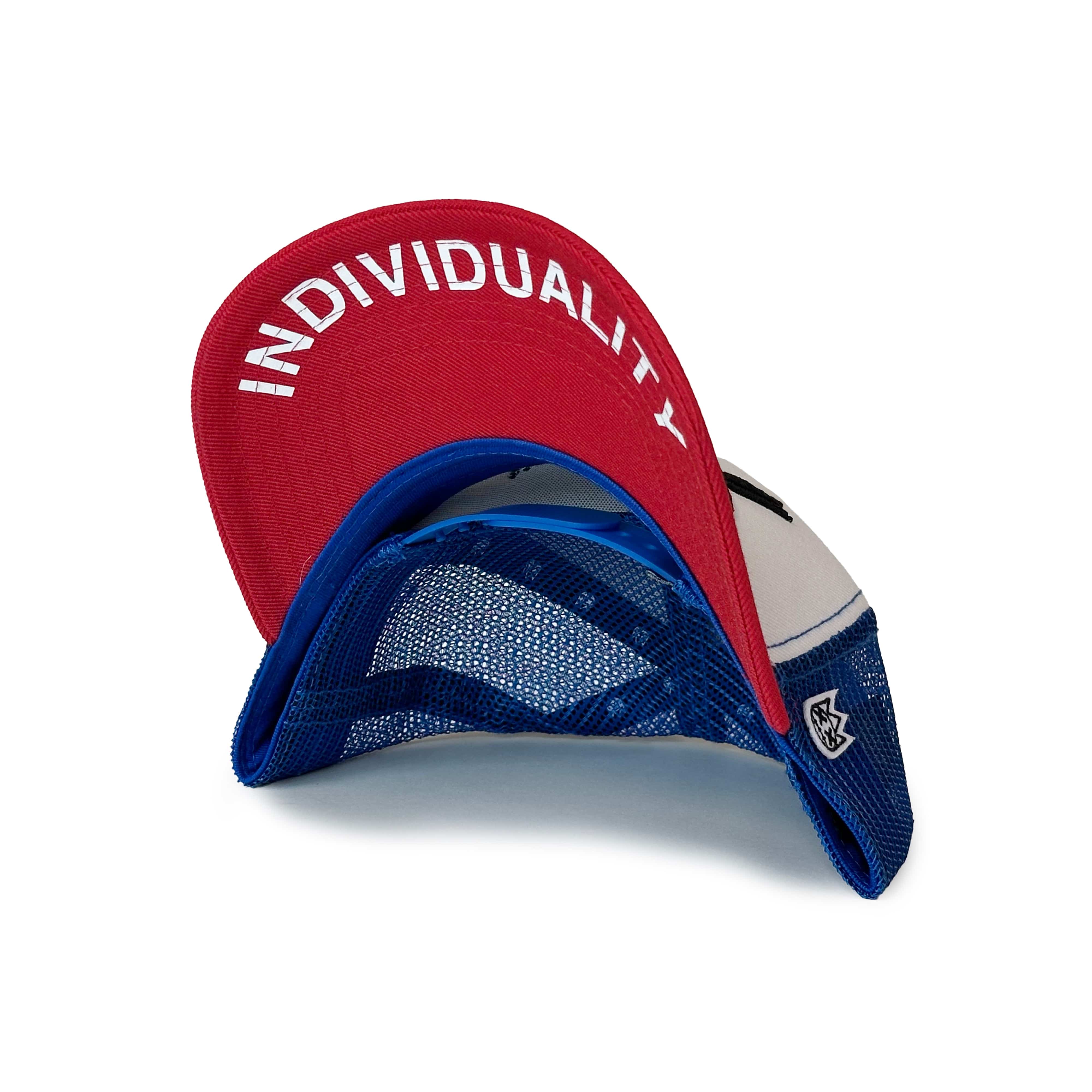 Cult's XX Visor Royal Mesh Trucker Hat in White/Red