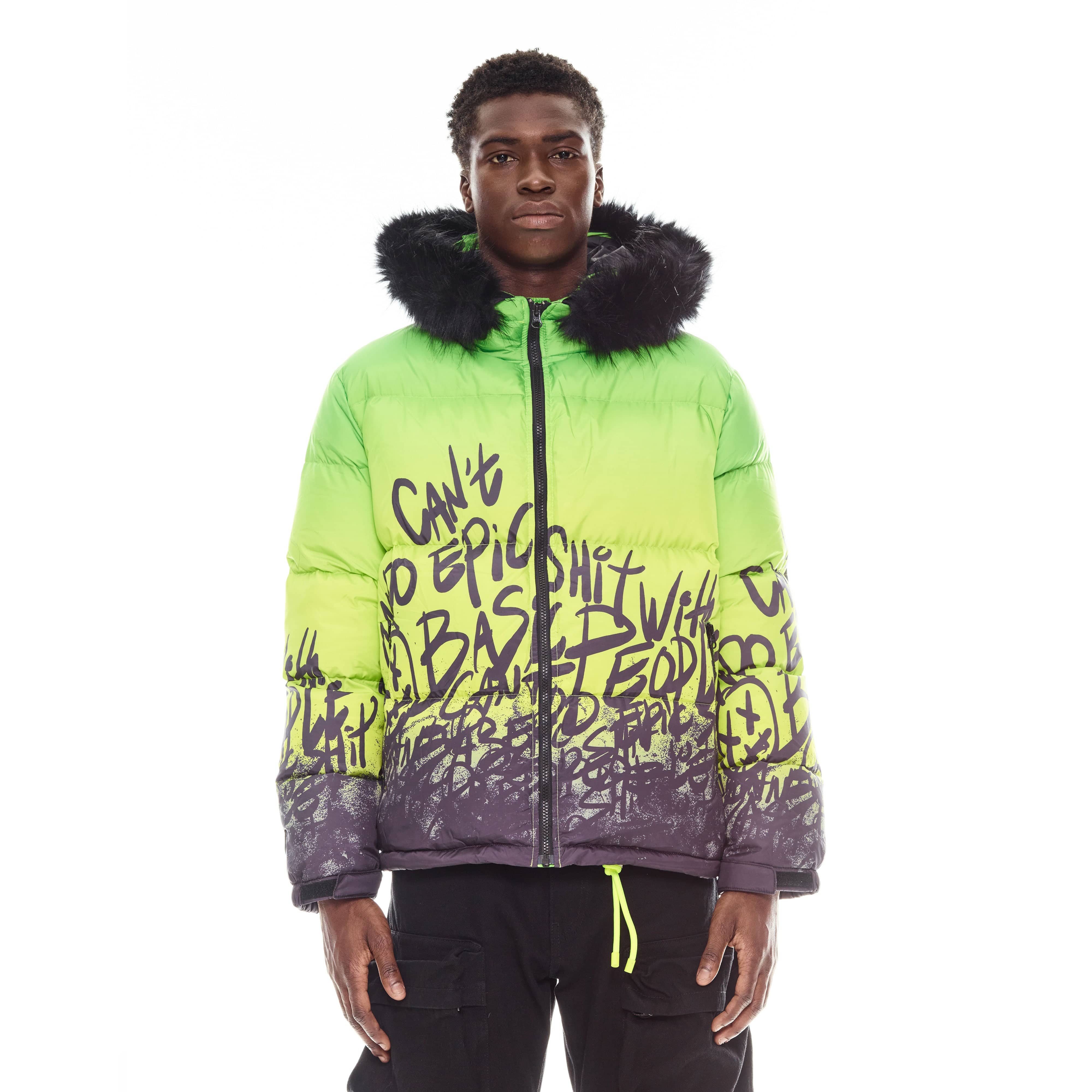 Puffer Jacket With Fur Hood In Neon Yellow