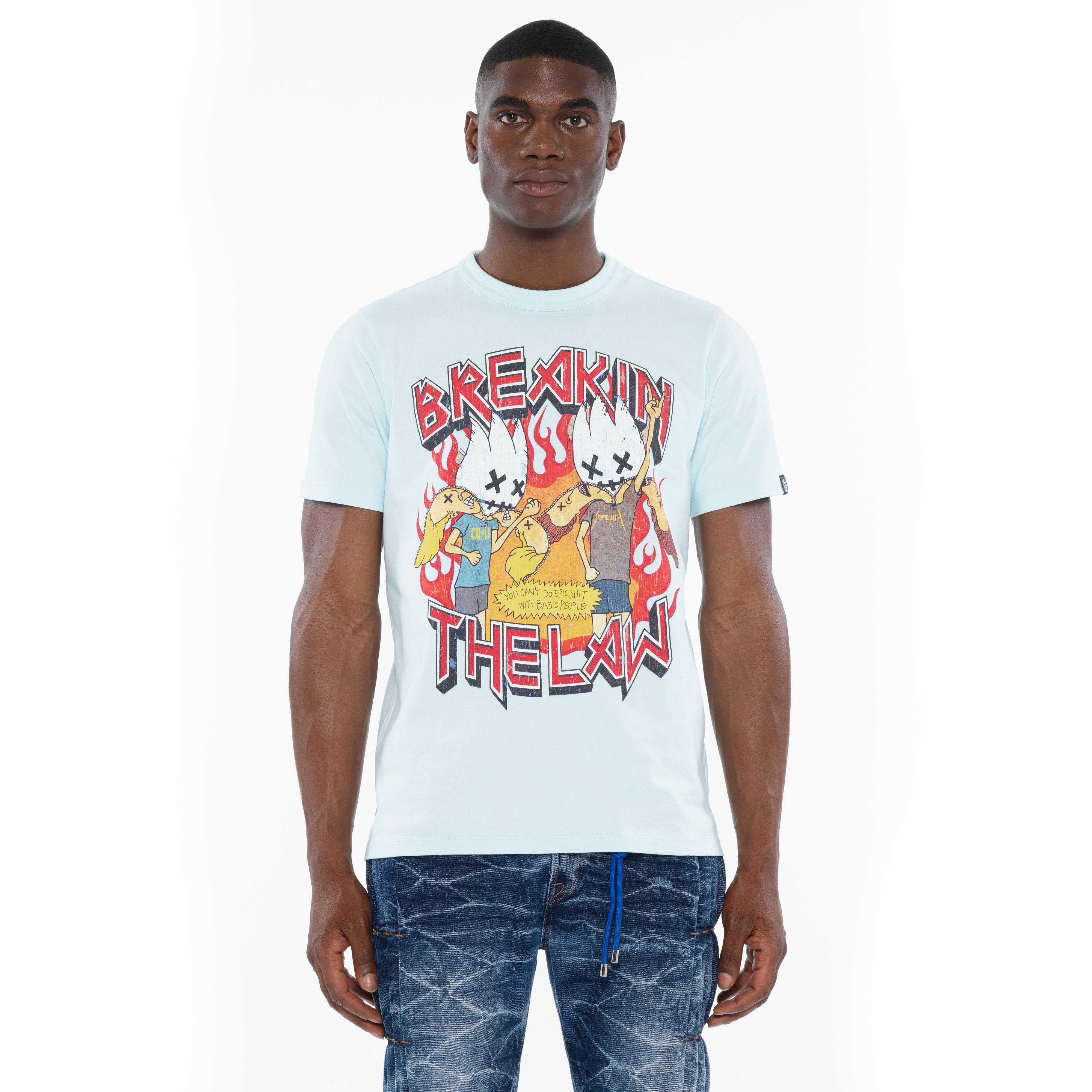 Cult's Heavyweight Short Sleeve Crew Neck Tee "Breaking The Law" in Powder Blue