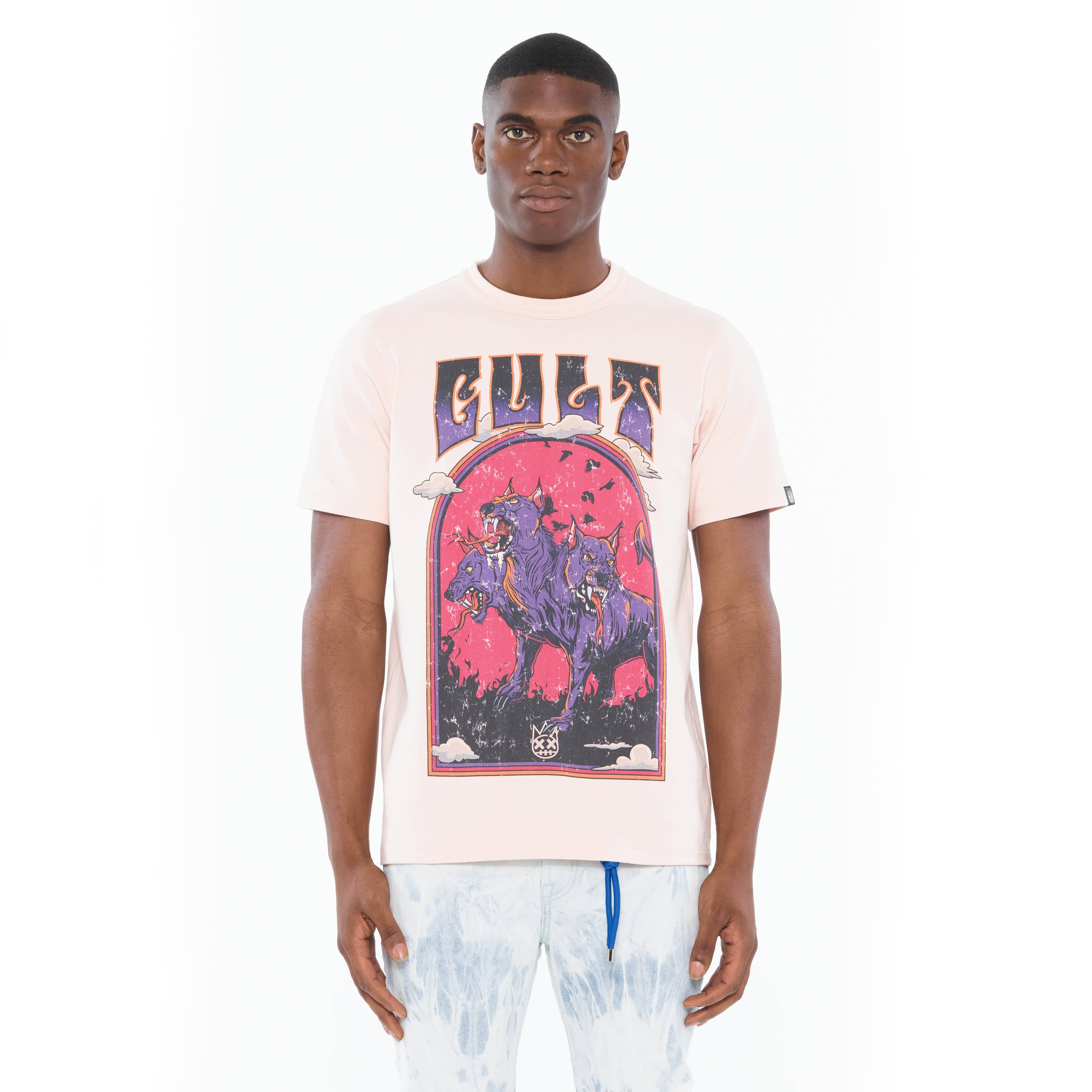 Cult's Heavyweight Short Sleeve Crew Neck Tee "Orthrus" in Powder Pink