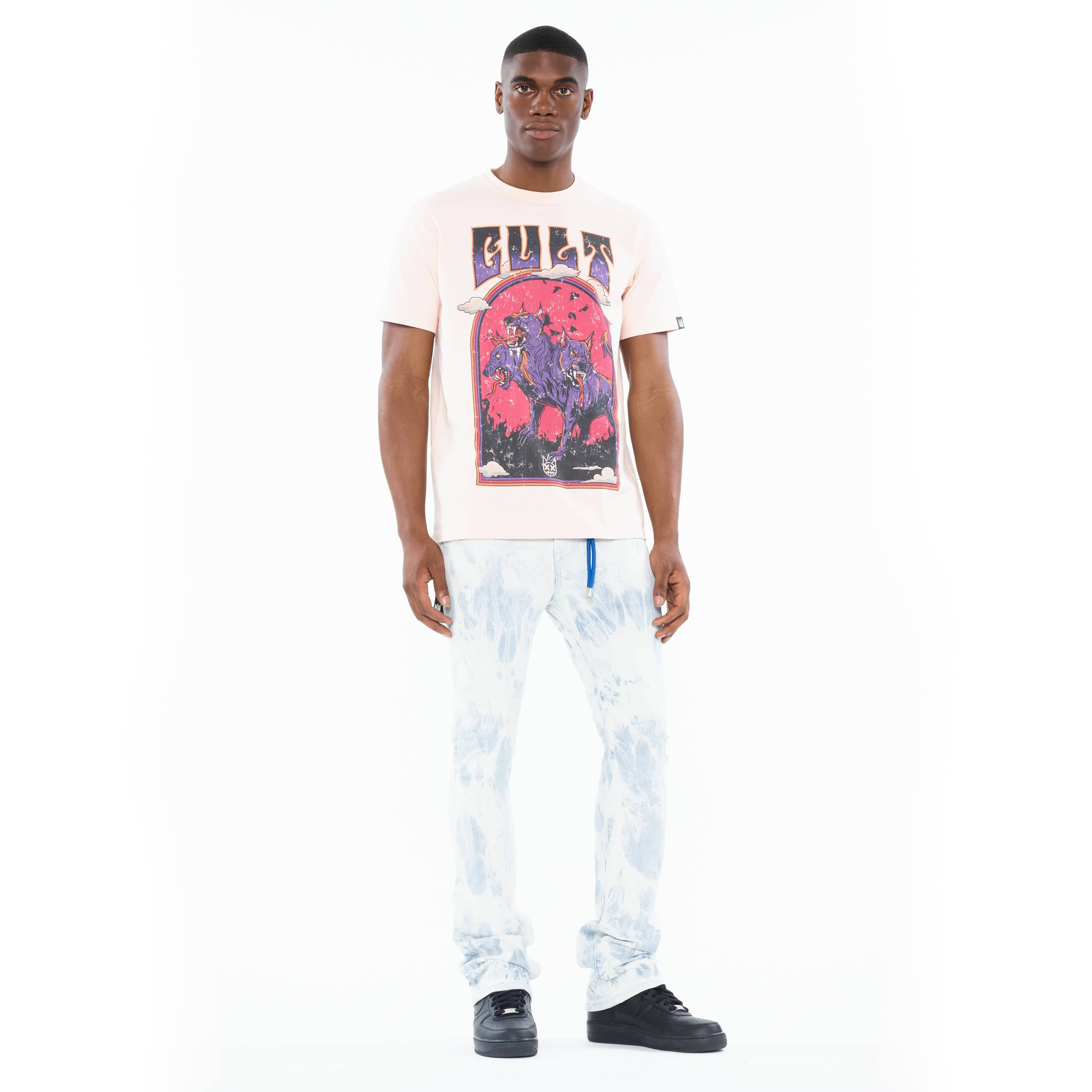 Cult's Heavyweight Short Sleeve Crew Neck Tee "Orthrus" in Powder Pink