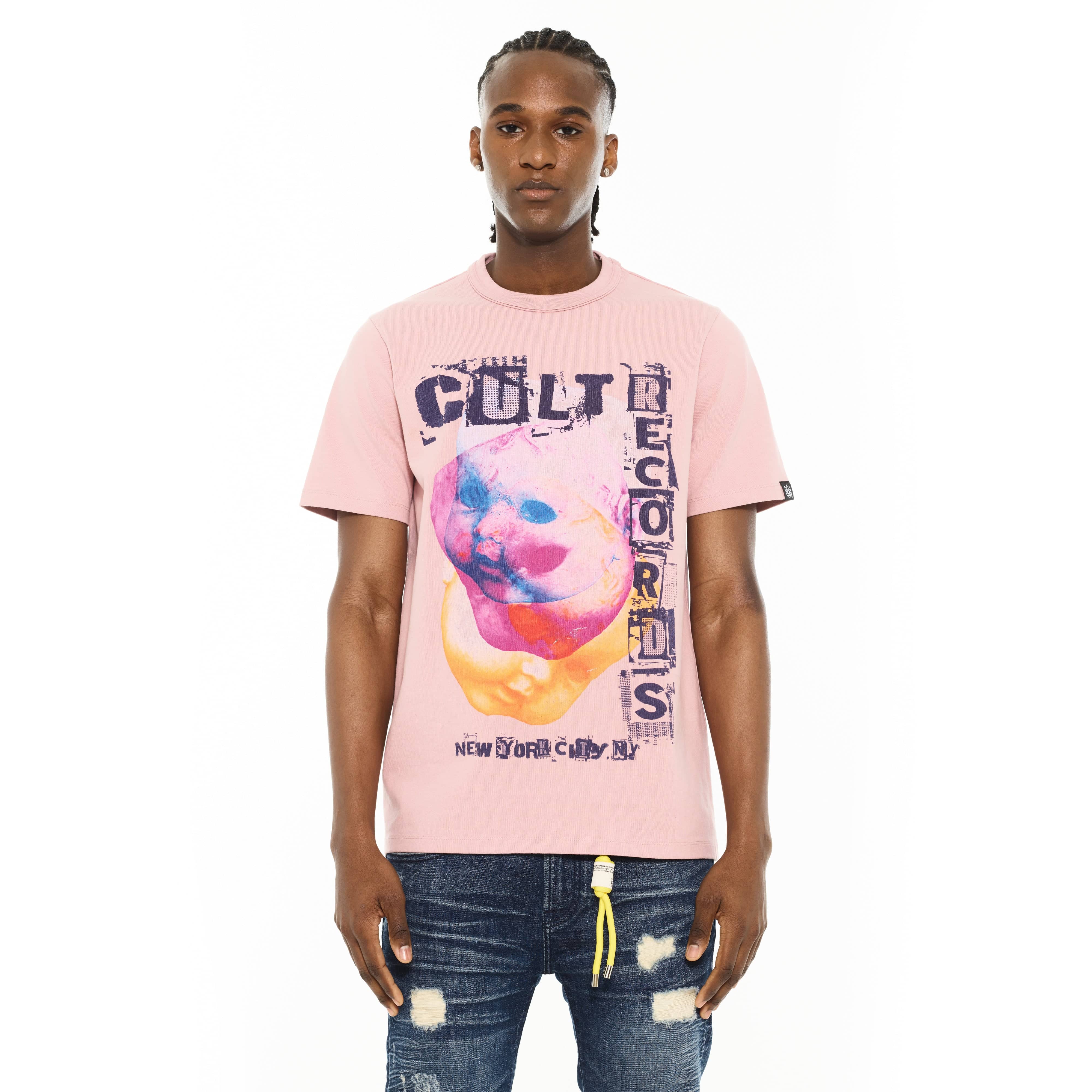 Cult's Heavyweight Short Sleeve Crew Neck Tee "Cult Records" in Silver Pink