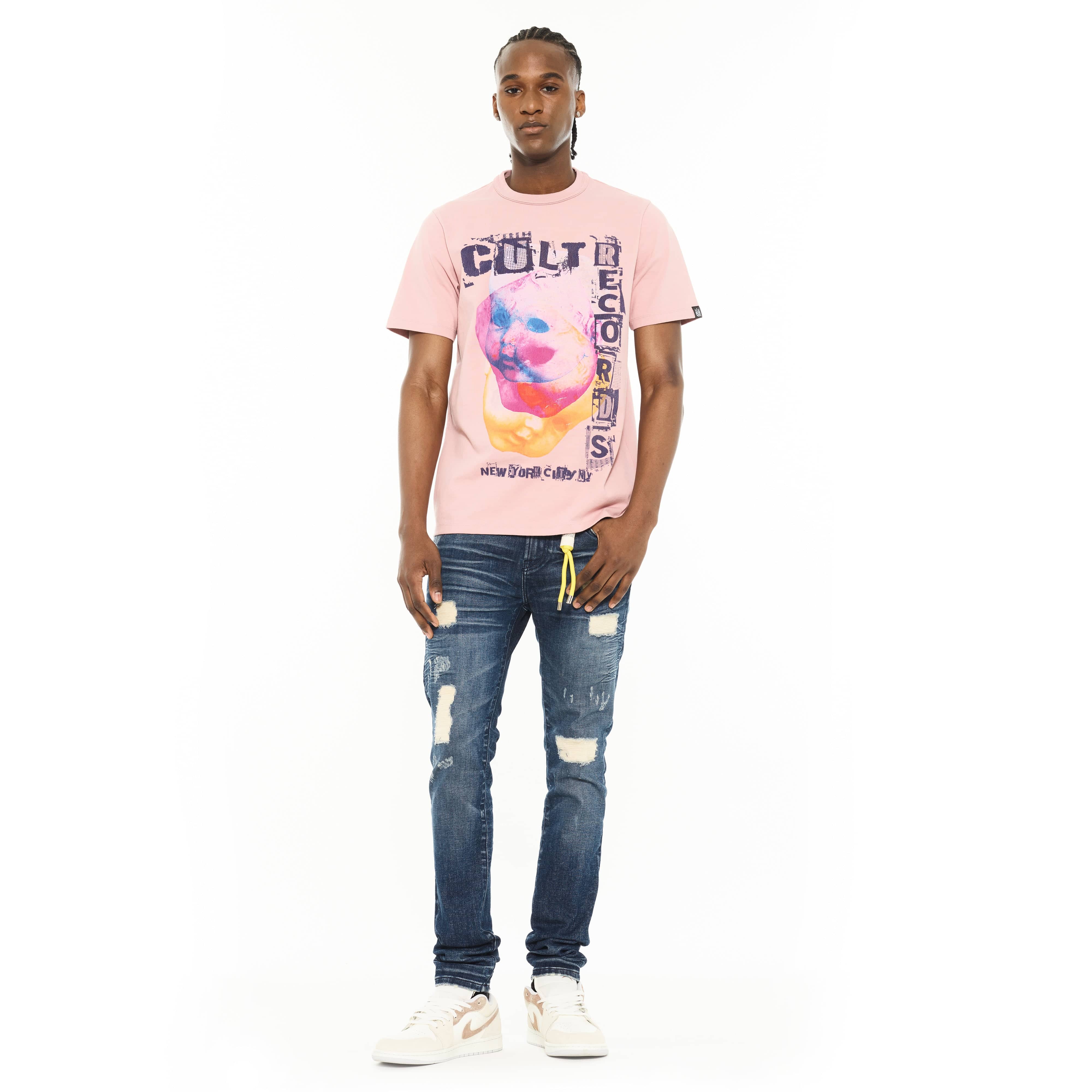 Cult's Heavyweight Short Sleeve Crew Neck Tee "Cult Records" in Silver Pink