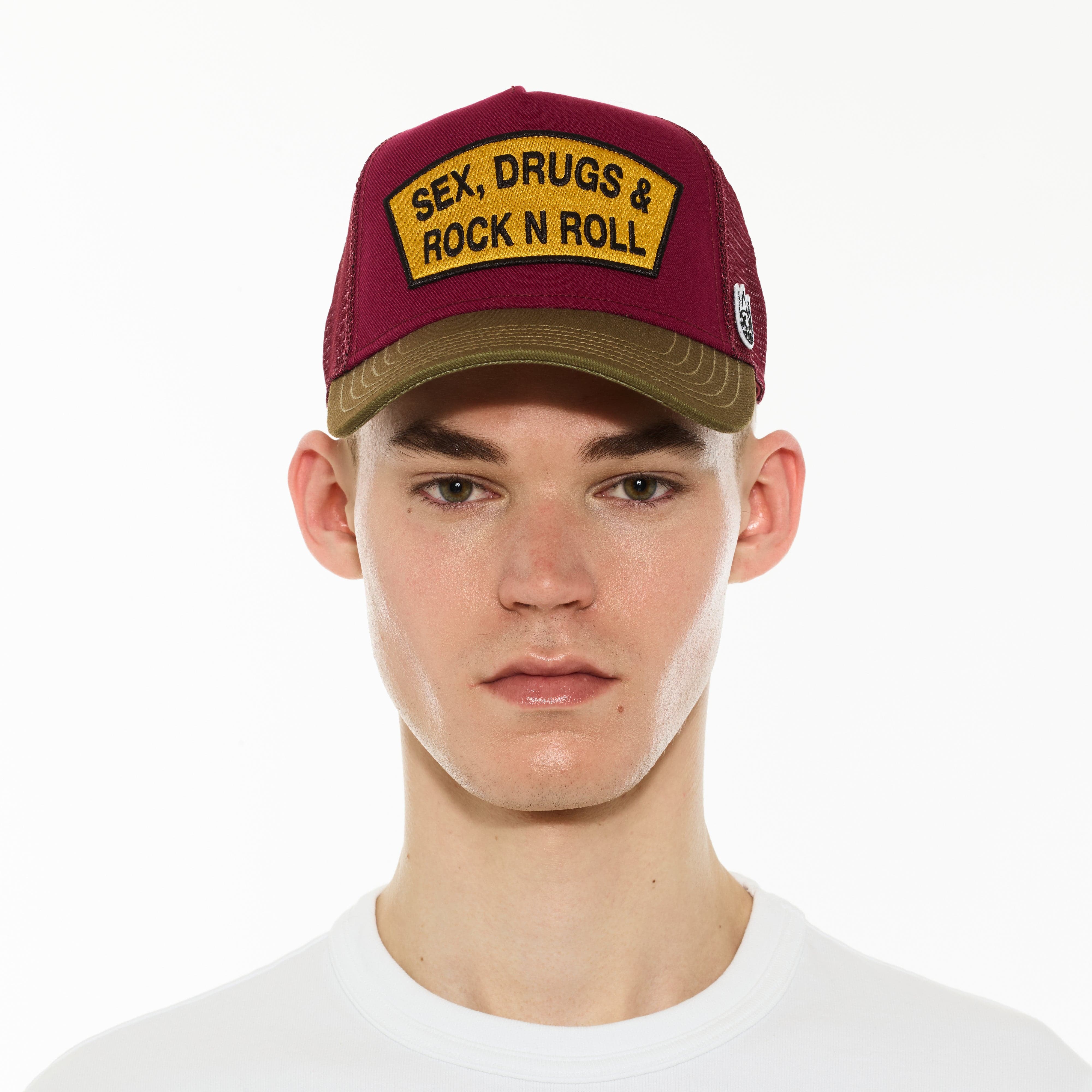 Cult's Logo Mesh Back Trucker Hat "Sex Drugs Rock N Roll" in Rumba Red