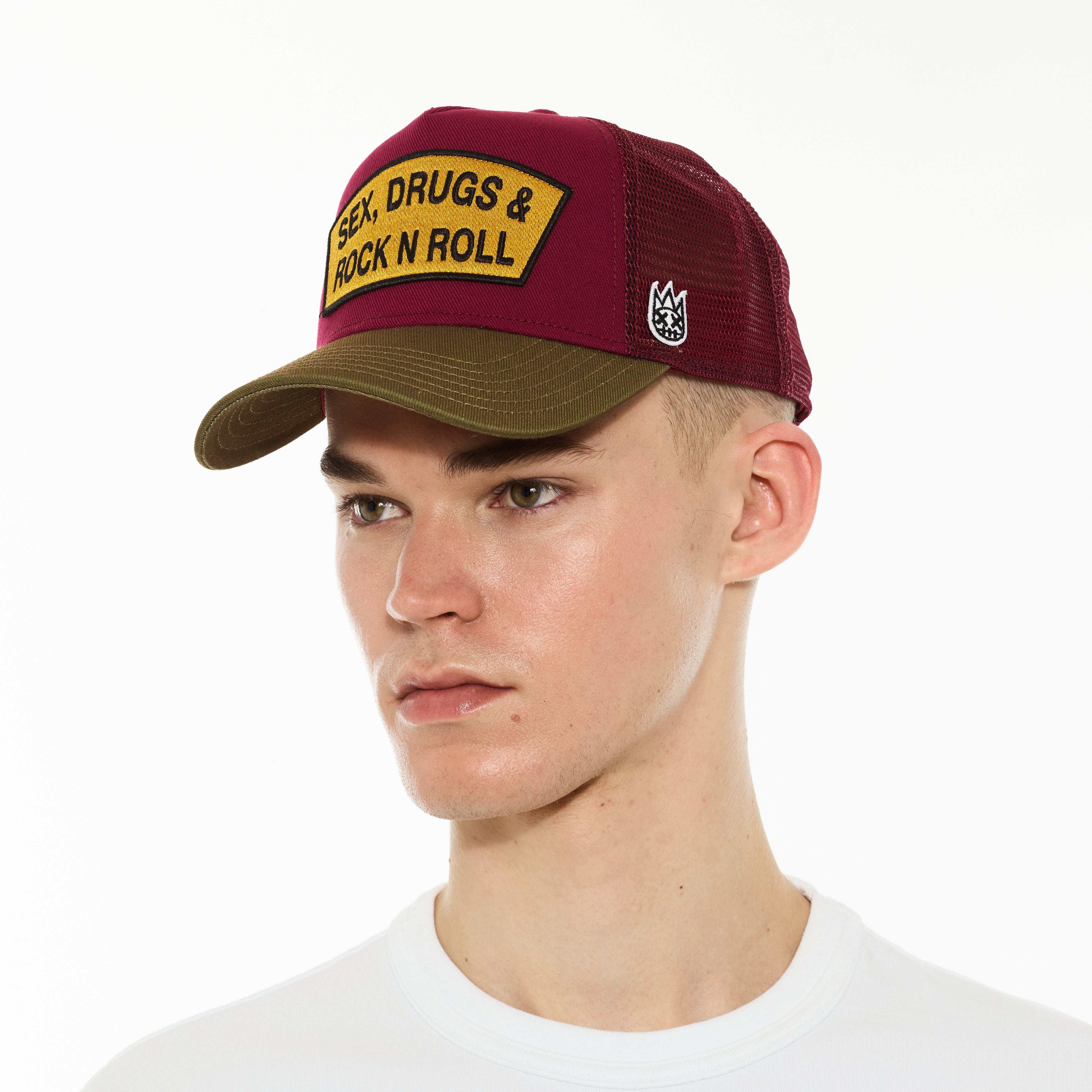 Cult's Logo Mesh Back Trucker Hat "Sex Drugs Rock N Roll" in Rumba Red