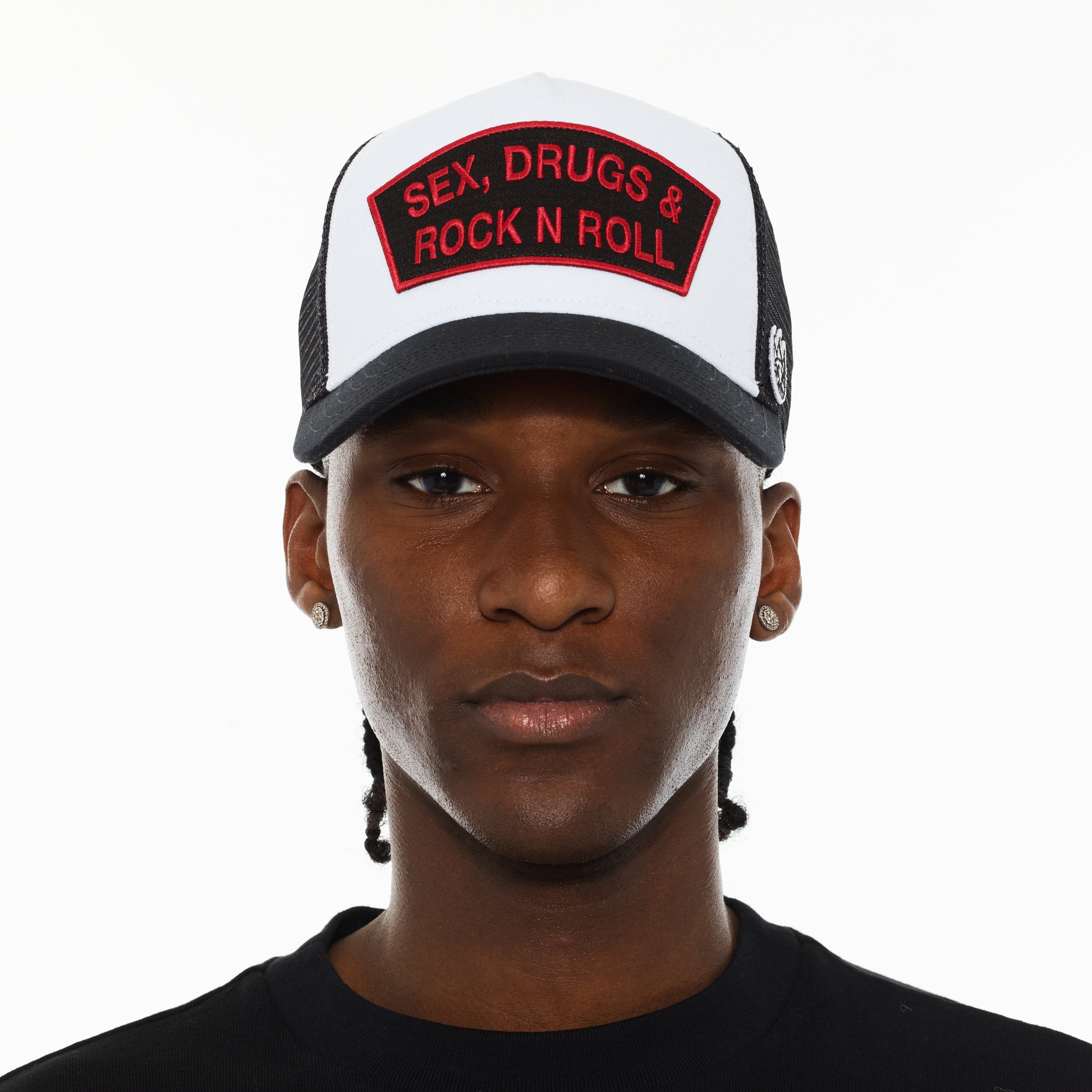 Cult's Logo Mesh Back Trucker Hat "Sex Drugs Rock N Roll" in White