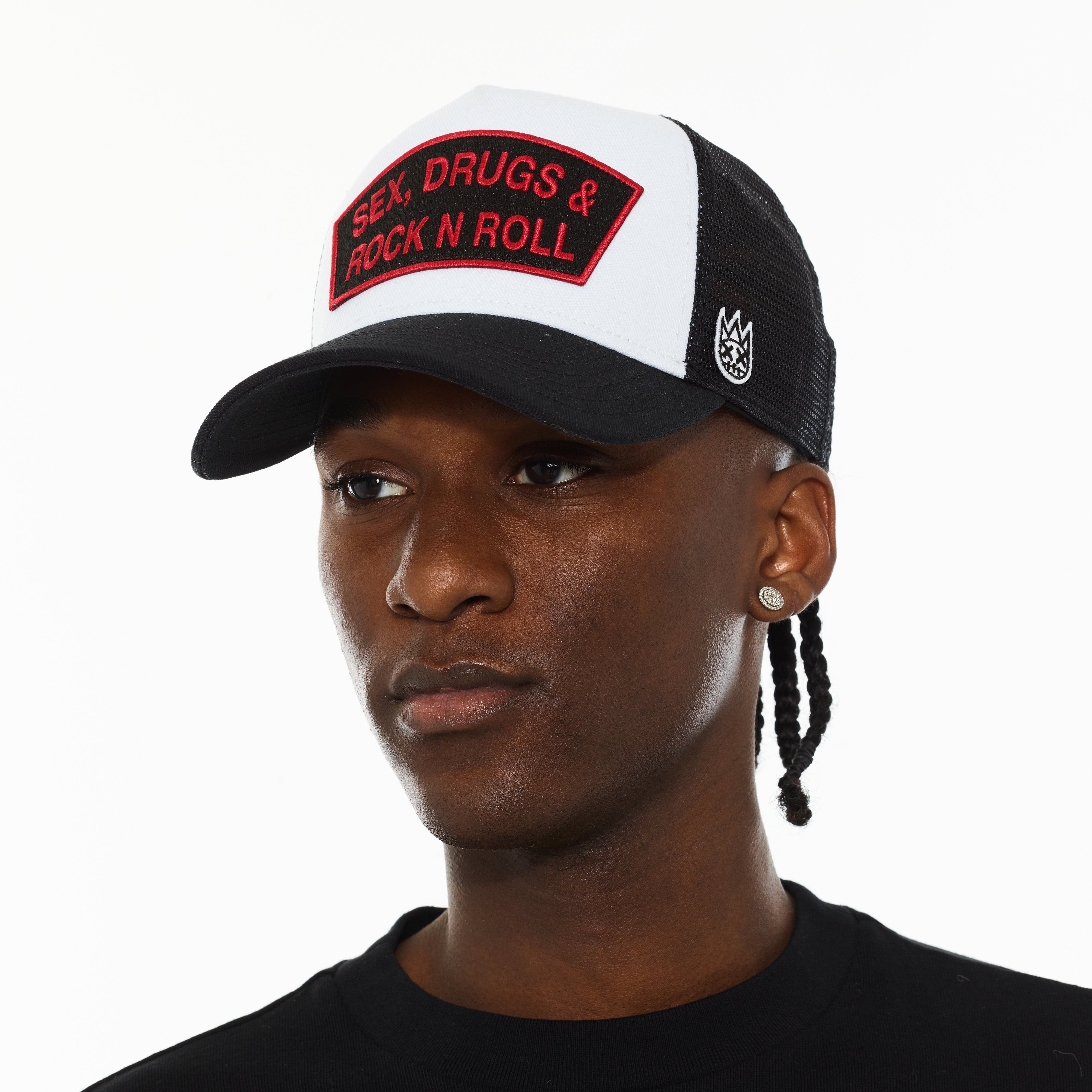 Cult's Logo Mesh Back Trucker Hat "Sex Drugs Rock N Roll" in White
