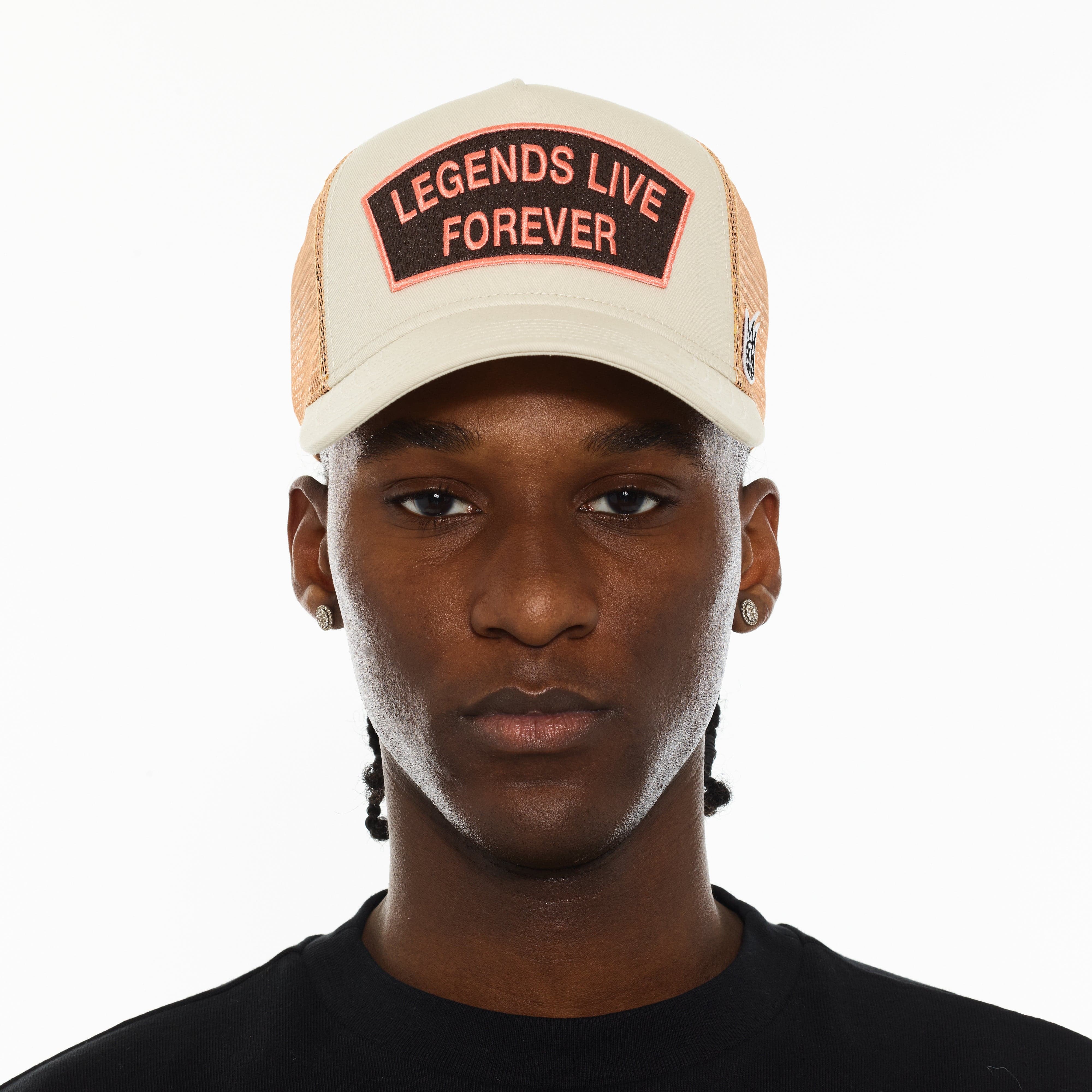Cult's Logo Mesh Back Trucker Hat "Legends Live Forever" in White Swan