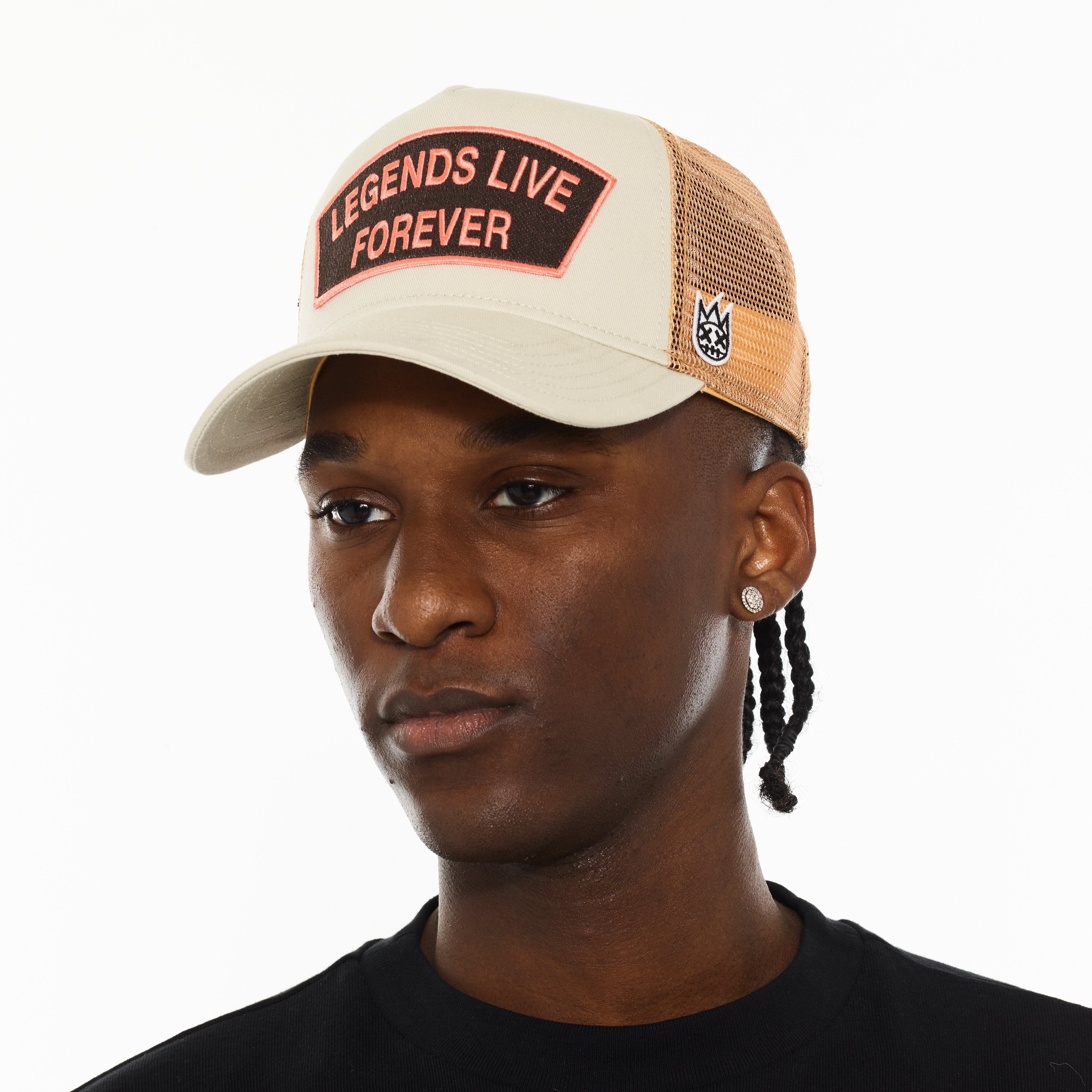 Cult's Logo Mesh Back Trucker Hat "Legends Live Forever" in White Swan