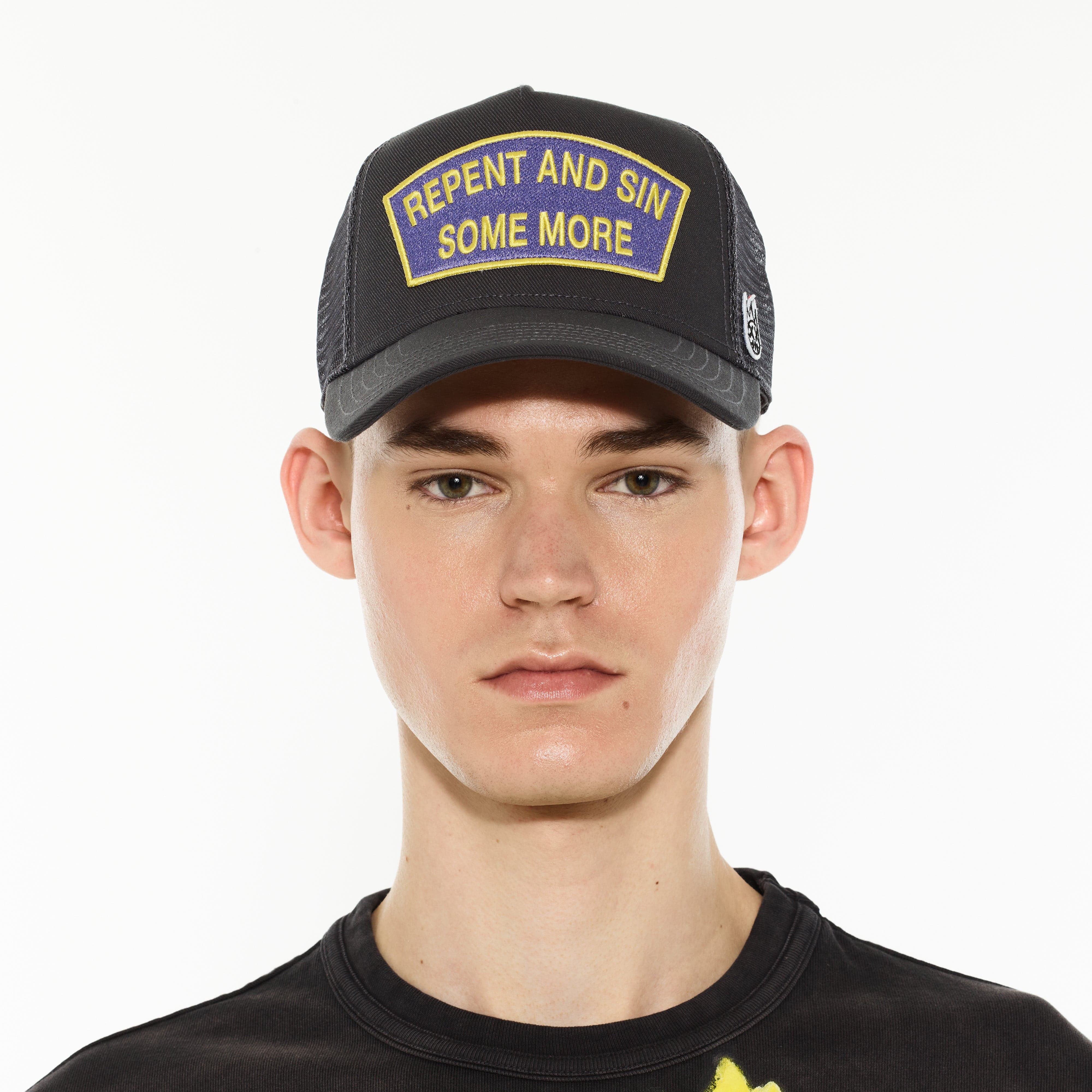 Cult's Logo Mesh Back Trucker Hat "Repent And Sin Some More" in Forged Iron