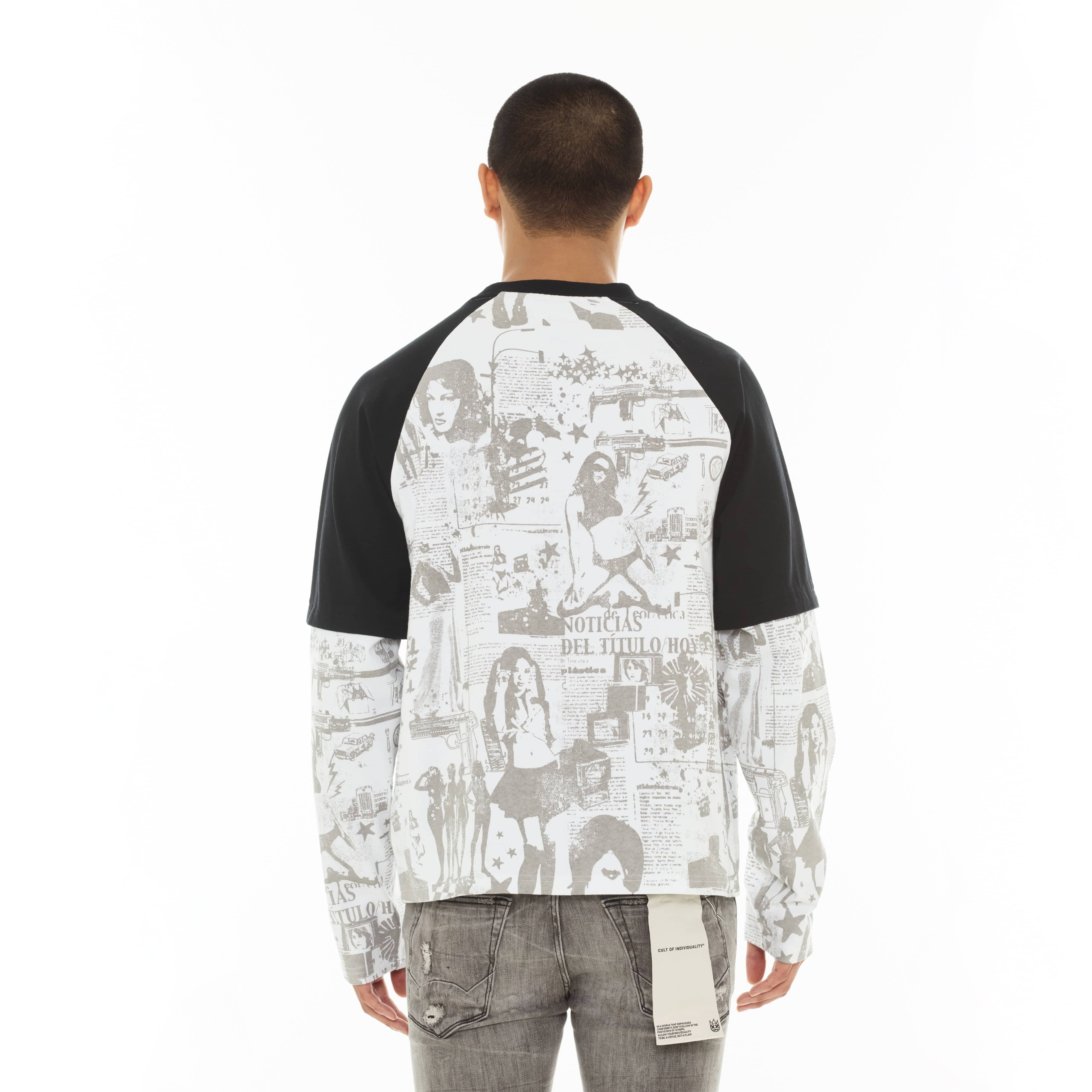 Cult's Long Sleeve Layered Raglan Tee "Propaganda" in White