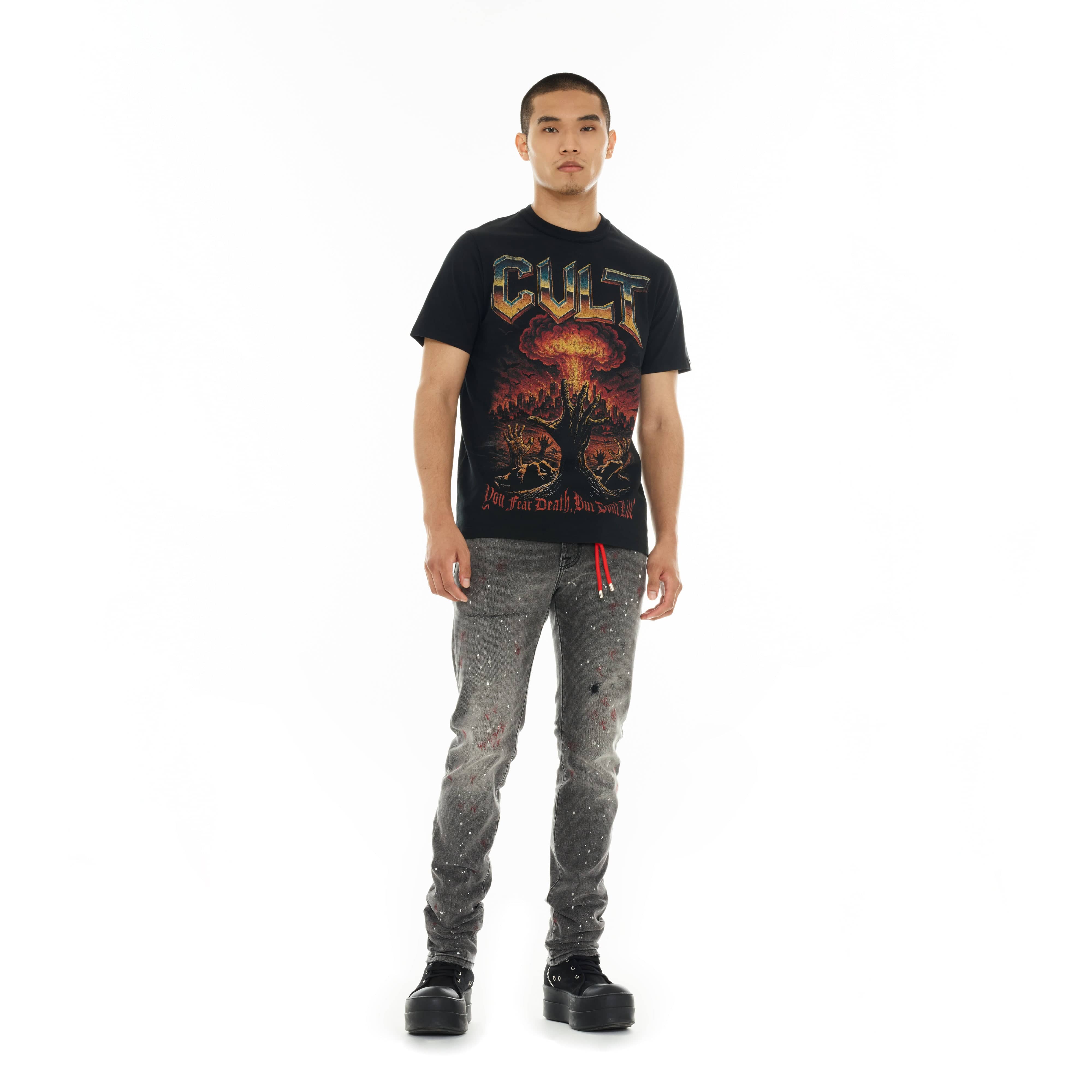 Cult's Short Sleeve Crew Neck Tee "You Fear Death, But Don’t Live" in Black