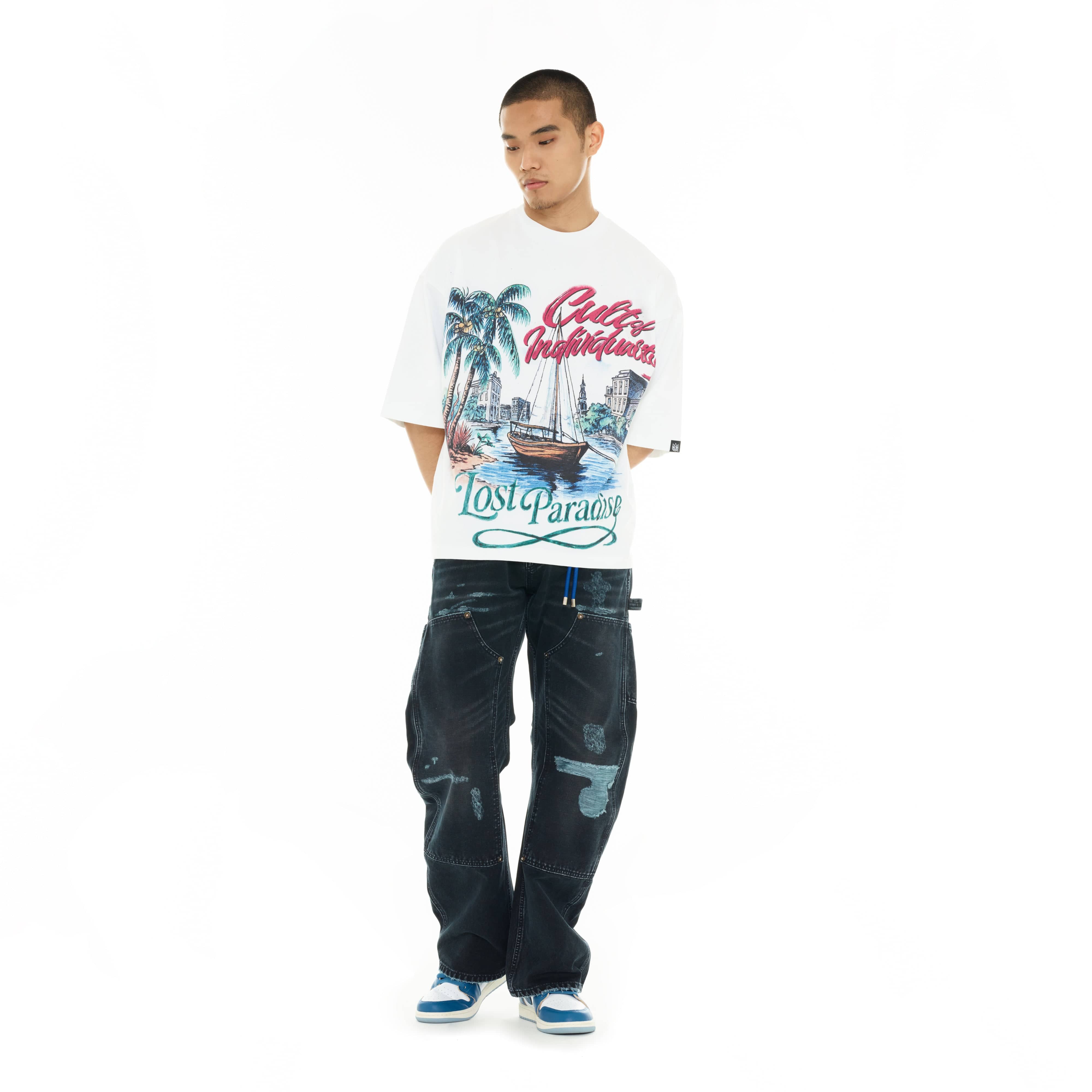 Cult's Oversized Short Sleeve Crew Neck Tee "Lost Paradise" in White