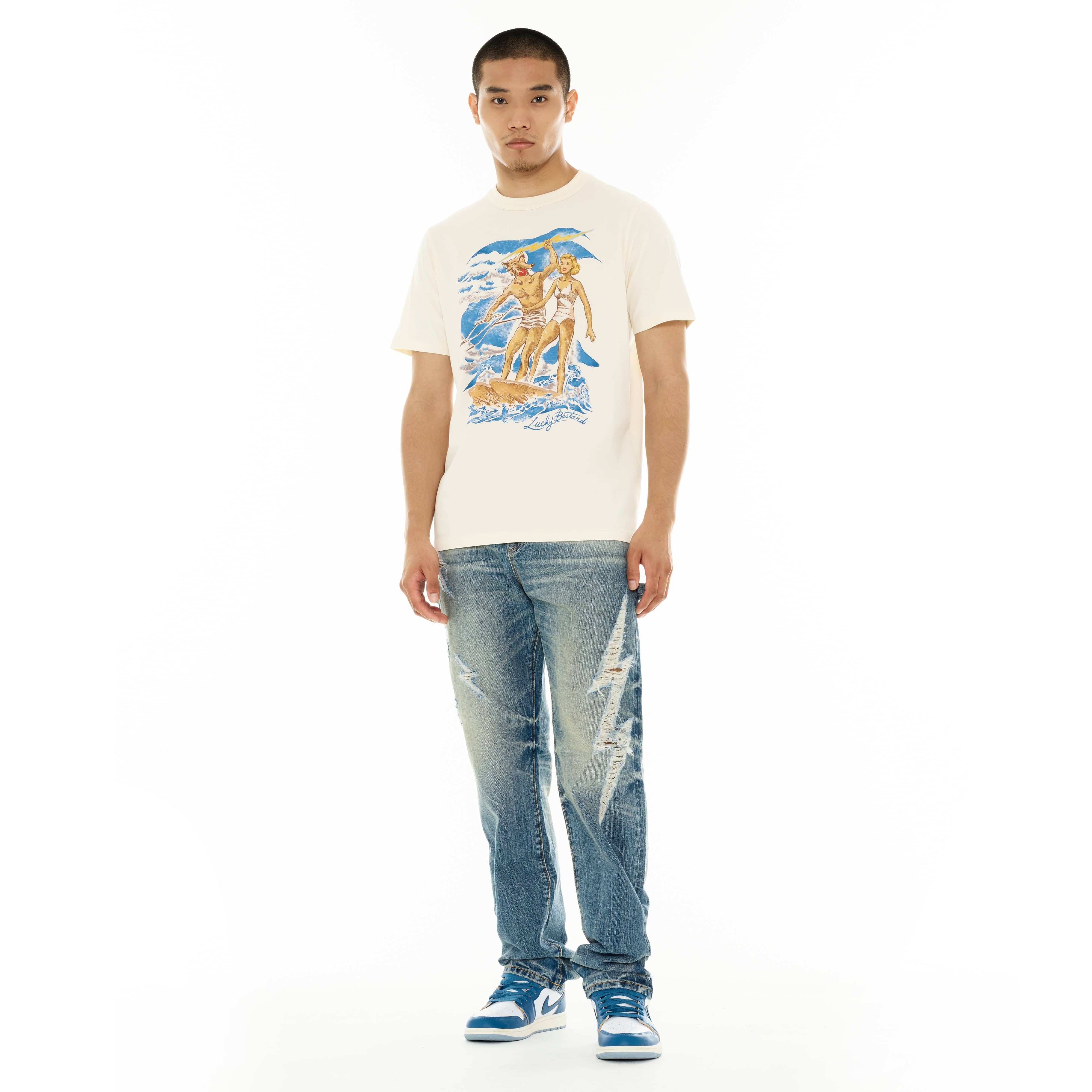 Cult's Lucky Bastard Short Sleeve Crew Neck Tee "Surfin Usa" in Winter White