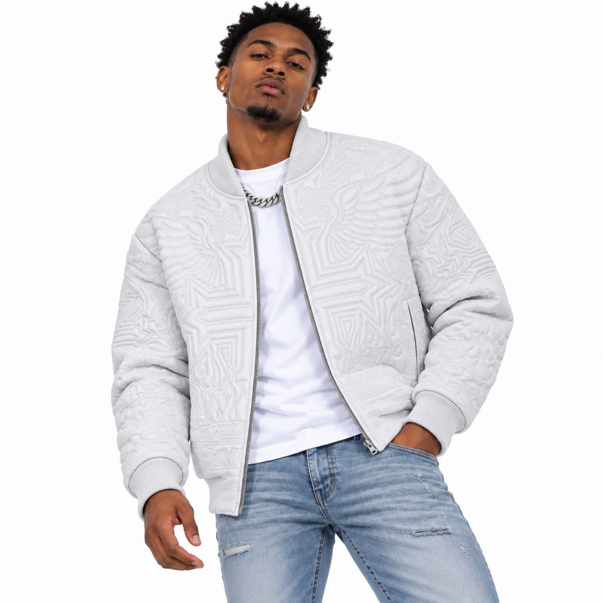 See You In Paradise Flaming Cross Stitched Bomber Jacket (L/Grey) 91685