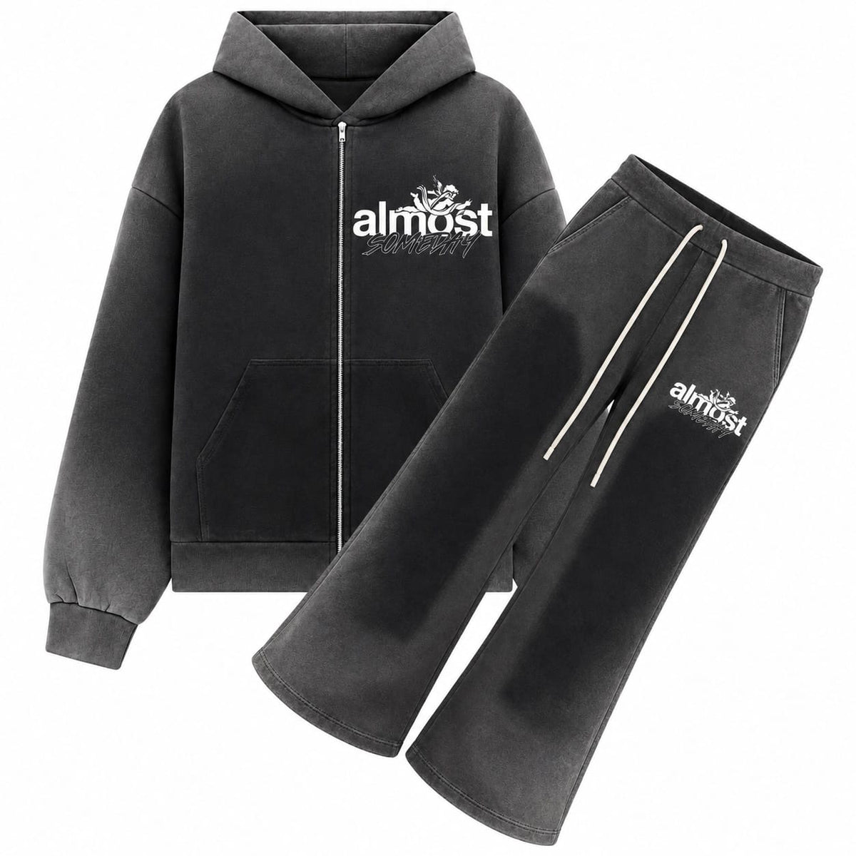 Almost Someday Enemies Zip Hoodie & Flare Pants Set (Black)