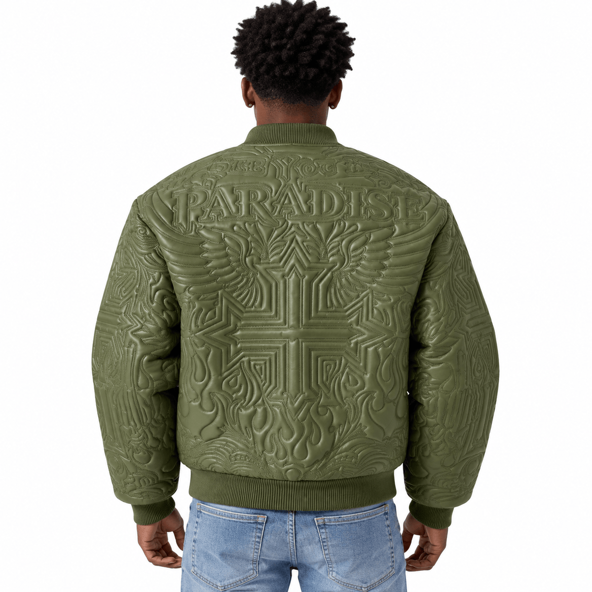 See You In Paradise Flaming Cross Stitched Bomber Jacket (Olive) 91685
