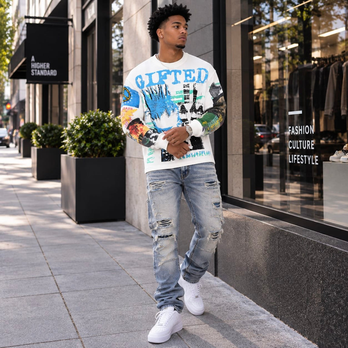 GFTD La Riots In America Crewneck Long Sleeve Tee (White)