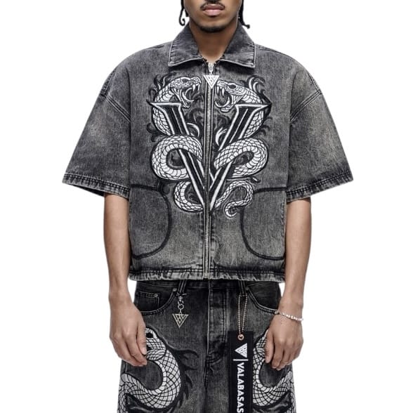 Valabasas Frostscale Denim Short Sleeve Zip Up (Grey Wash) VLBS-VBD1-1027