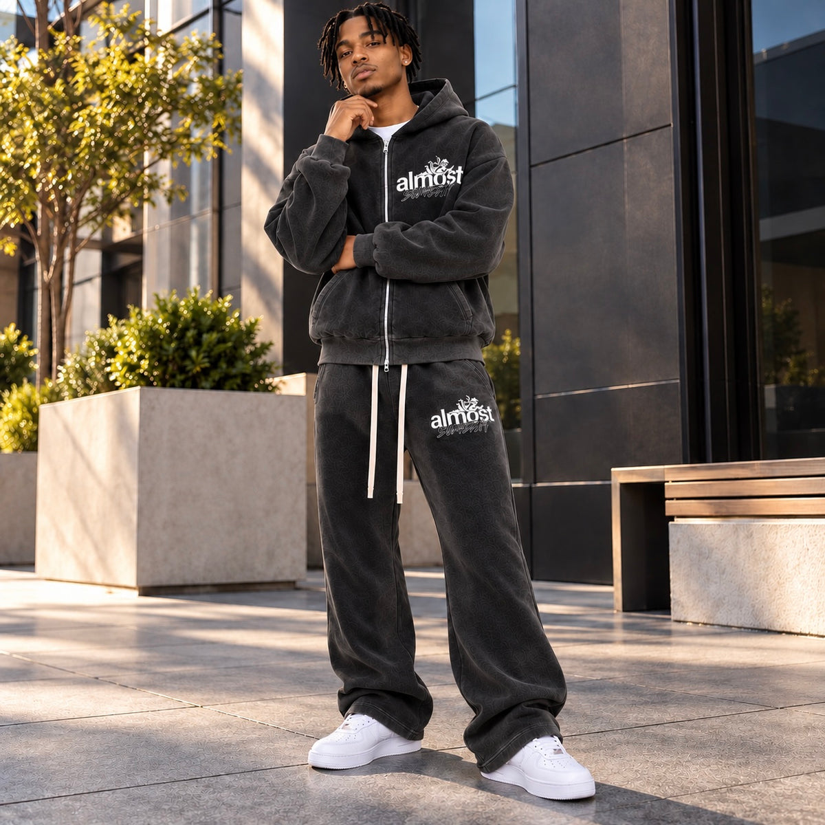Almost Someday Enemies Zip Hoodie & Flare Pants Set (Black)