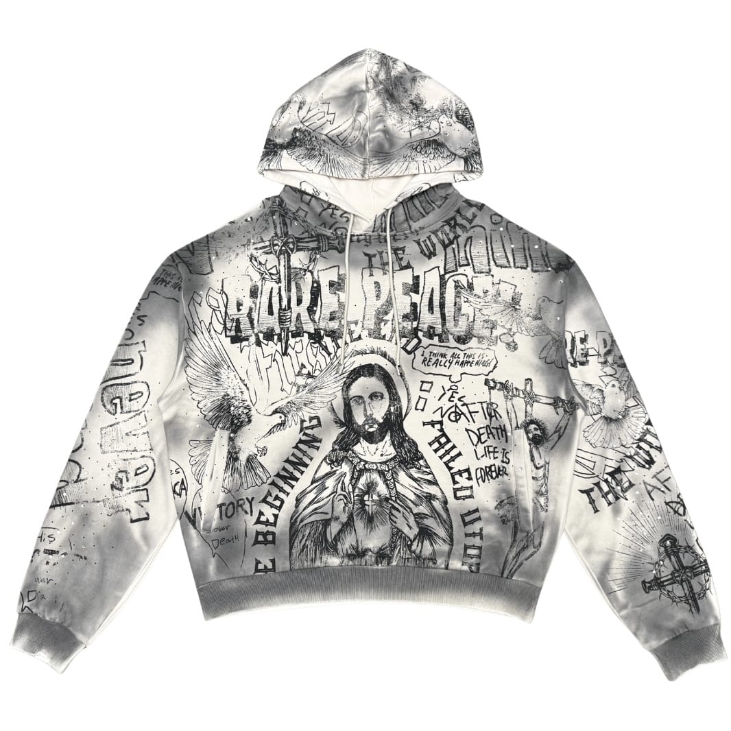 Rare Peace Washed Aop Pullover W/ Rhinestones Hoodie (Ecru) RK6109