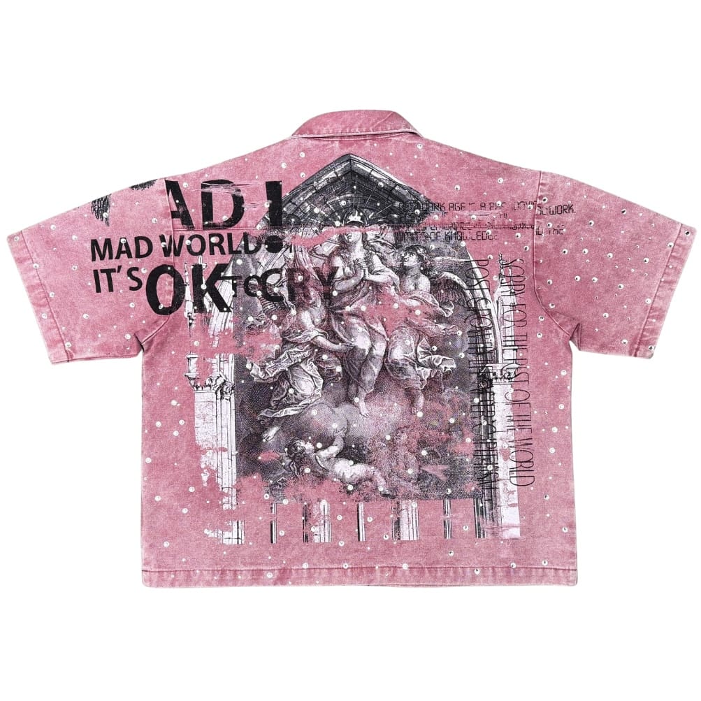 Rare Peace All Over Angel Print Twill Zip Down Shirt (Dusty Pink) RJ6062
