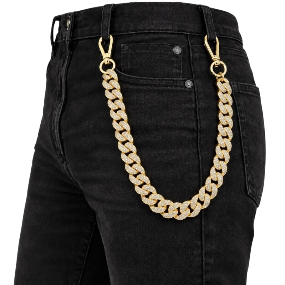 Jewelry Essentials 18mm Iced Out Cuban Stone Pants Chain (Gold) FLC-107G