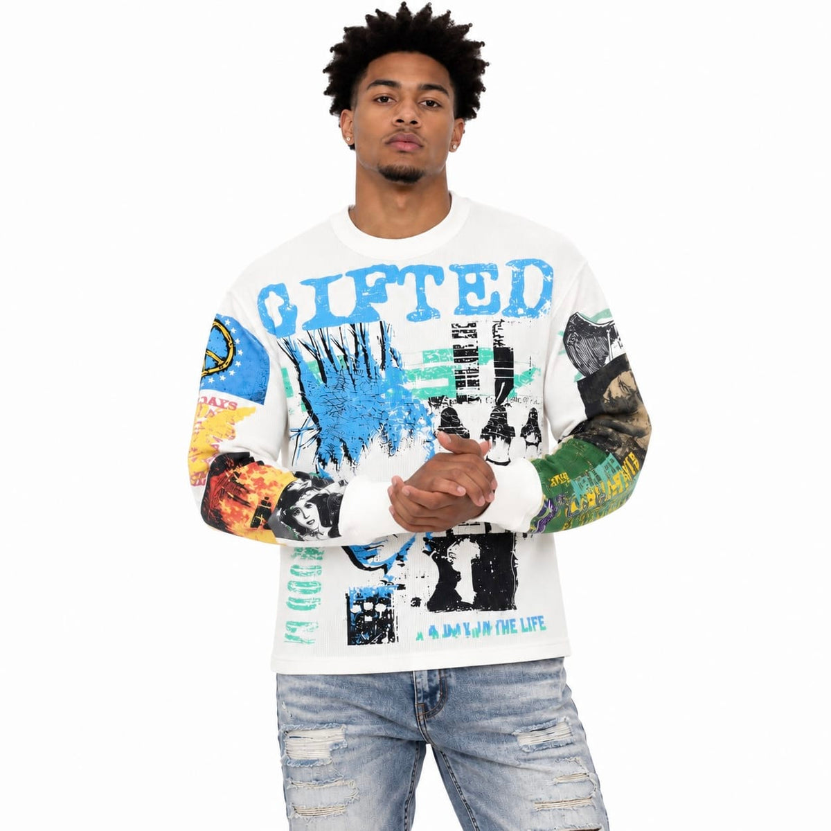 GFTD La Riots In America Crewneck Long Sleeve Tee (White)