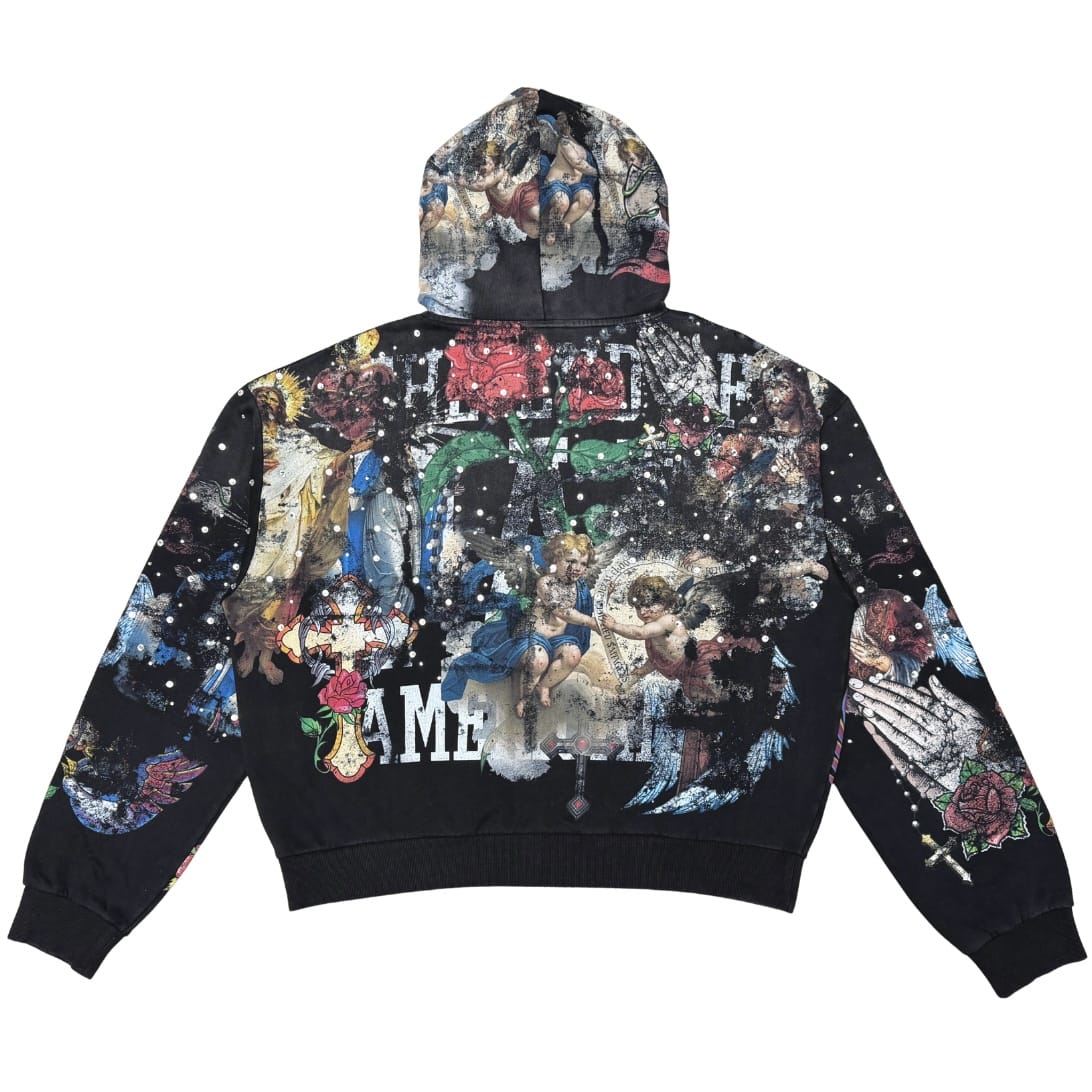 Rare Peace Washed Aop Zip Up Hoodie & Jogger W/ Rhinestones Set (Black)