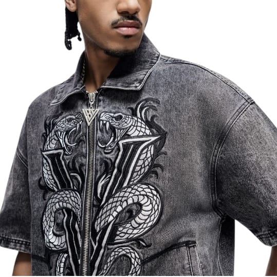 Valabasas Frostscale Denim Short Sleeve Zip Up (Grey Wash) VLBS-VBD1-1027