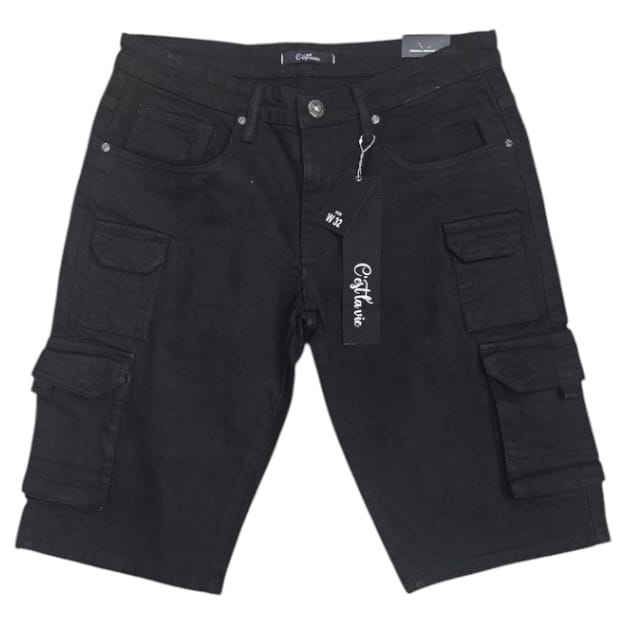 Cest La Vie Washed Twill Multi Pocket Cargo Short (Jet Black)