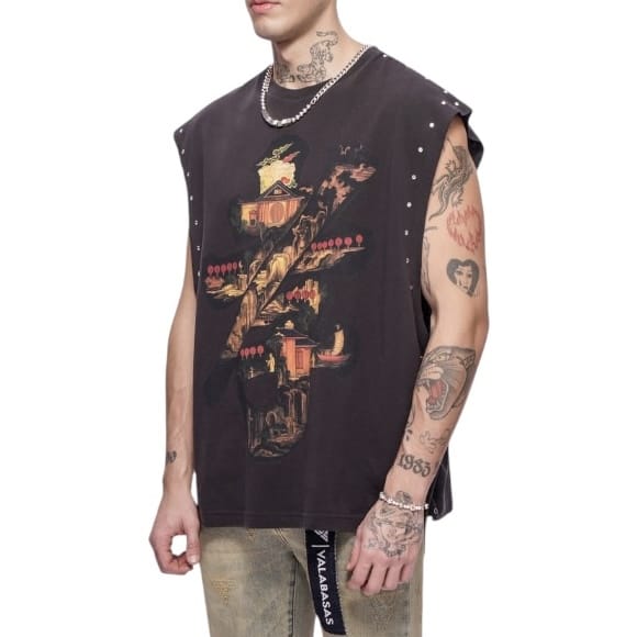 Valabasas Ember Glyph Cut Off Sleeveless Tee (Washed Black) VLBS-VT5-1004