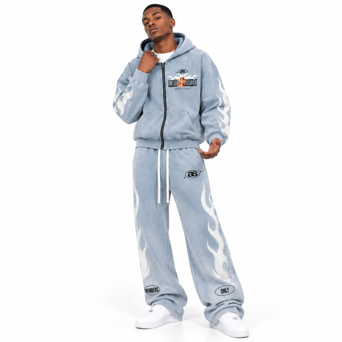 Almost Someday Members Zip Hoodie & Flare Sweatpants Set (Light Blue)