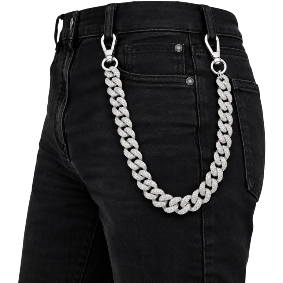 Jewelry Essentials 18mm Iced Out Cuban Stone Pants Chain (Silver) FLC-107S