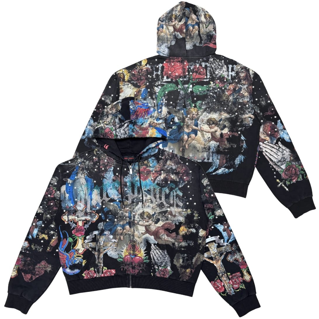 Rare Peace Washed Aop Zip Up Hoodie & Jogger W/ Rhinestones Set (Black)