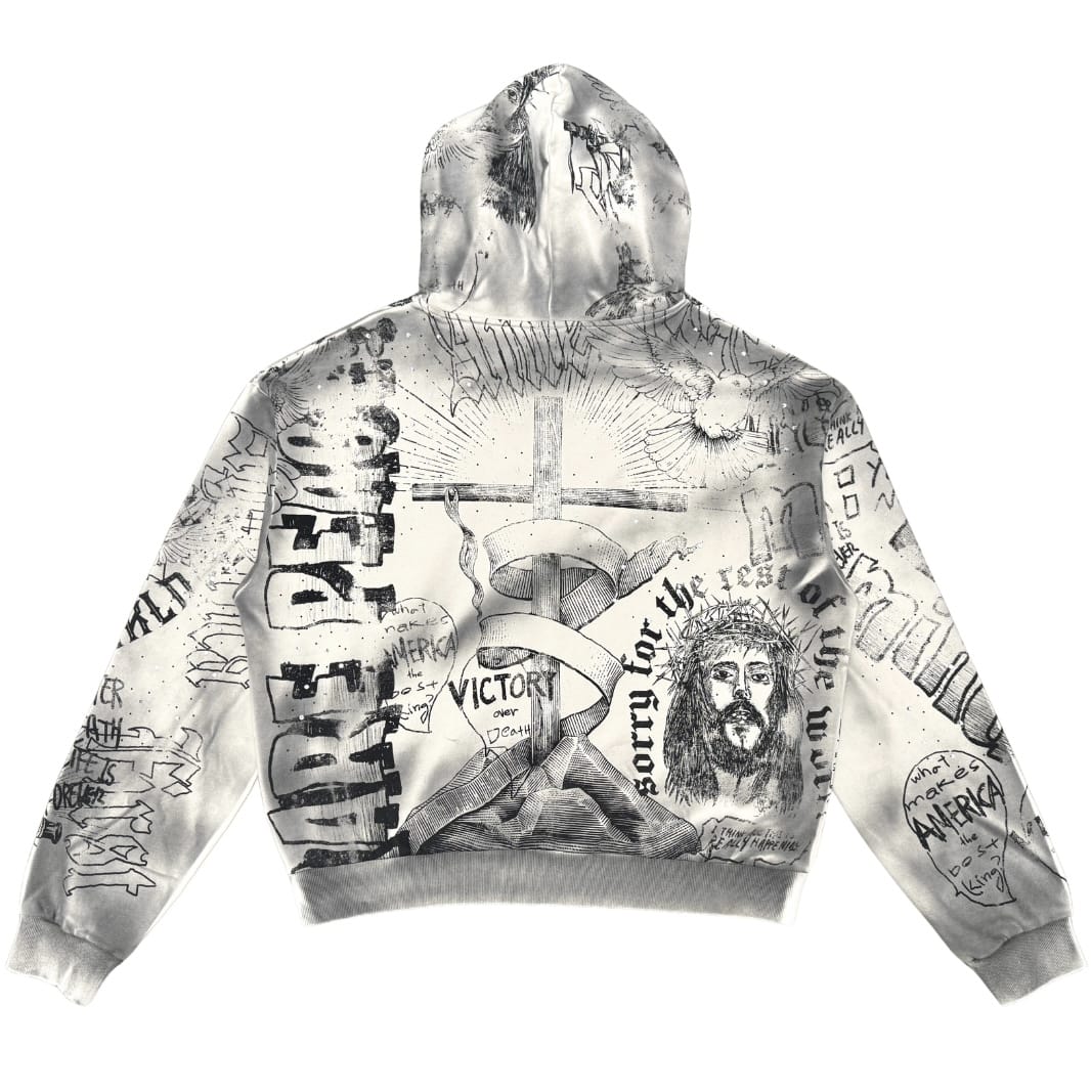 Rare Peace Washed Aop Pullover W/ Rhinestones Hoodie (Ecru) RK6109