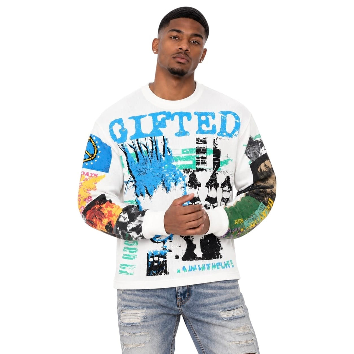 GFTD La Riots In America Crewneck Long Sleeve Tee (White)
