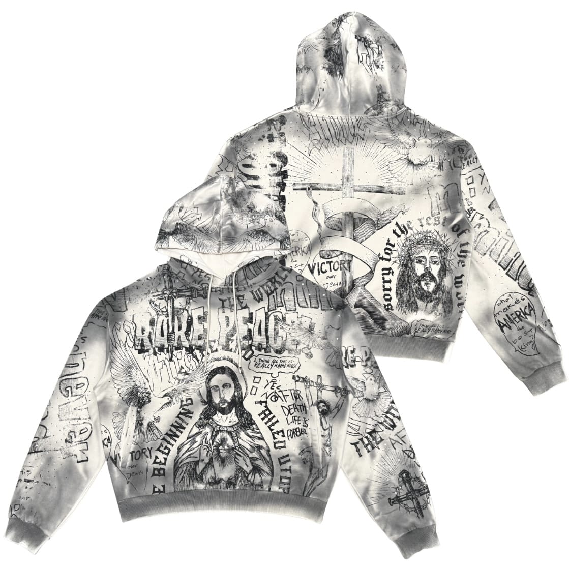 Rare Peace Washed Aop Pullover W/ Rhinestones Hoodie (Ecru) RK6109